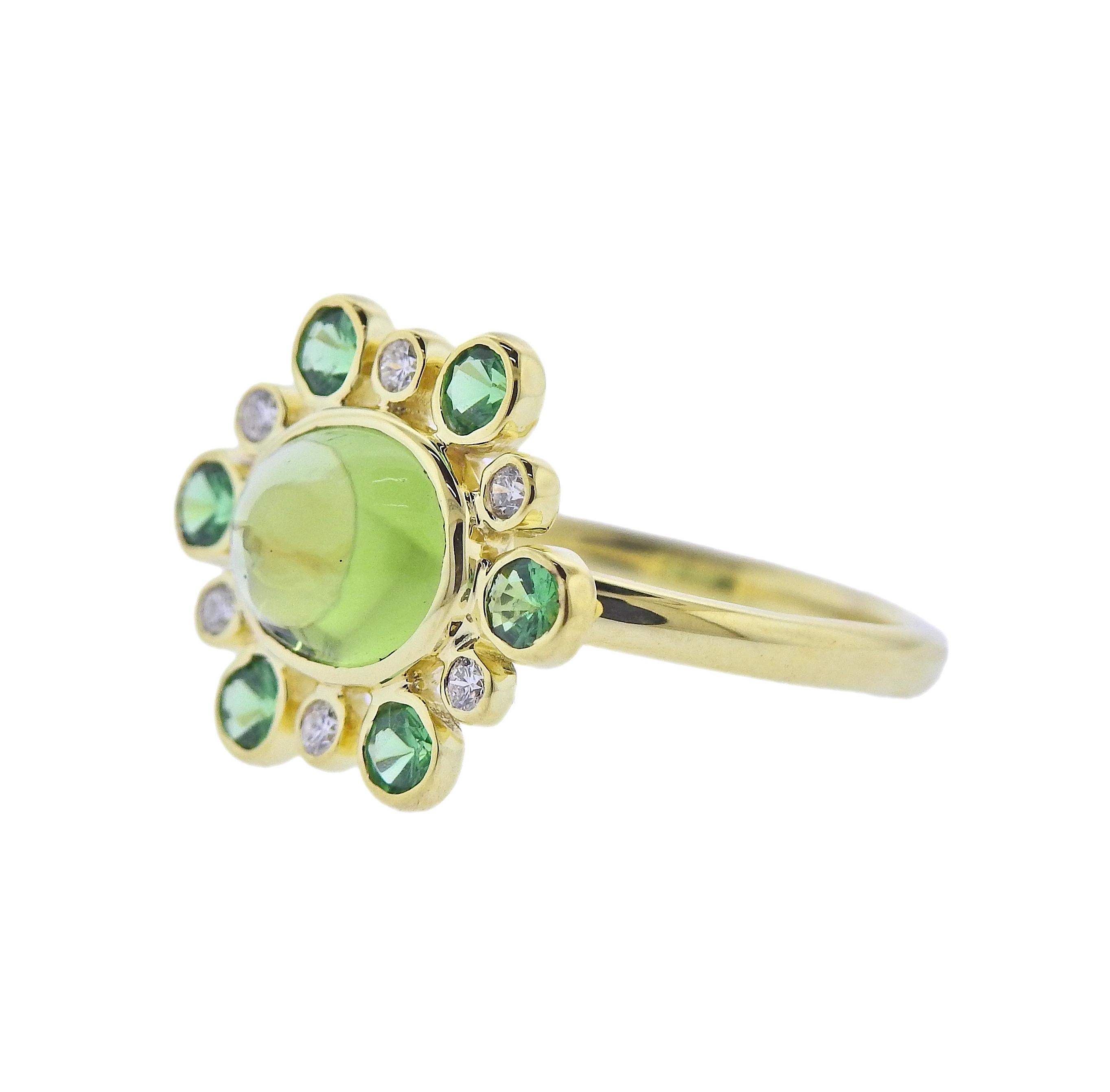 Brand new 14k gold Maz ring, with 0.12ctw H/VS diamonds, tsavorites and peridot.  Ring size 6.75, top is 14.5 x 19mm, weight 3.5 grams. Marked: MAZ, 14k.