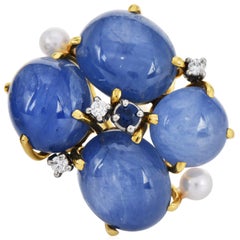 MAZ Sapphire Diamond Pearl 14K Gold  Cabochon Flower Earrings