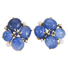 MAZ Zafiro Diamante Perla Oro 14K  Pendientes Flor Cabujón