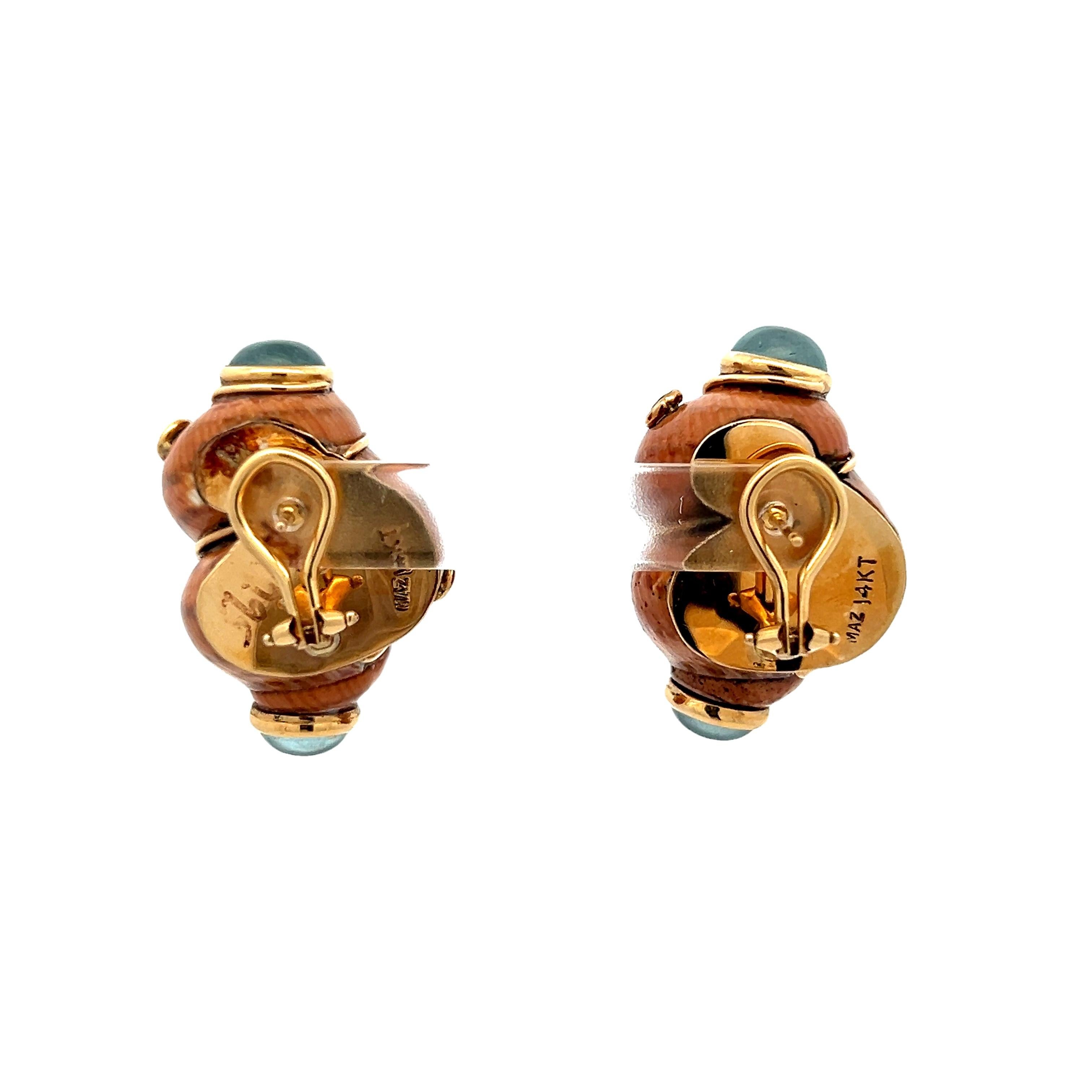 Cabochon MAZ Shell and Aquamarine Earrings in 14K Yellow Gold, Signed Vintage For Sale