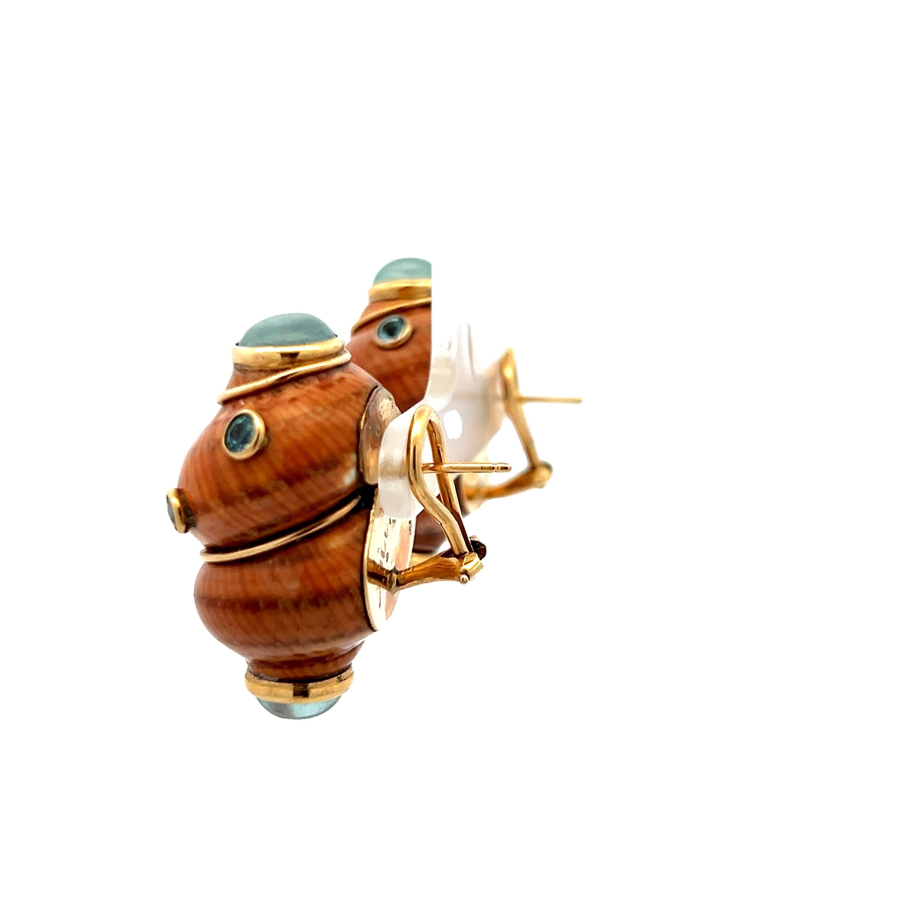 MAZ Shell and Aquamarine Earrings in 14K Yellow Gold, Signed Vintage In Excellent Condition For Sale In Miami, FL