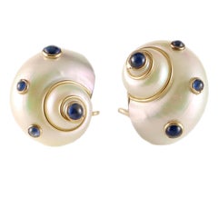 MAZ Shell Earrings 14 Karat Yellow Gold Sapphire Clip-On Earrings