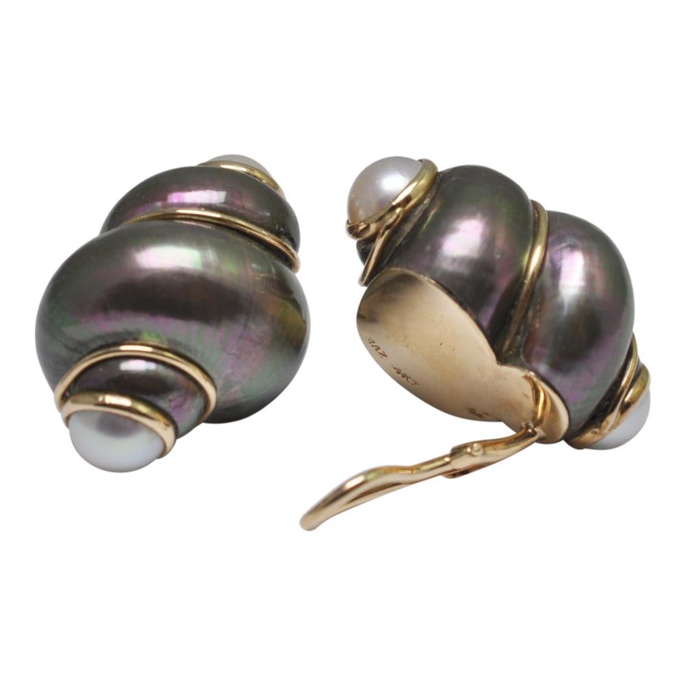 Classic shell and Mabé pearl 14ct gold clip on earrings by MAZ;  these earrings are formed of 