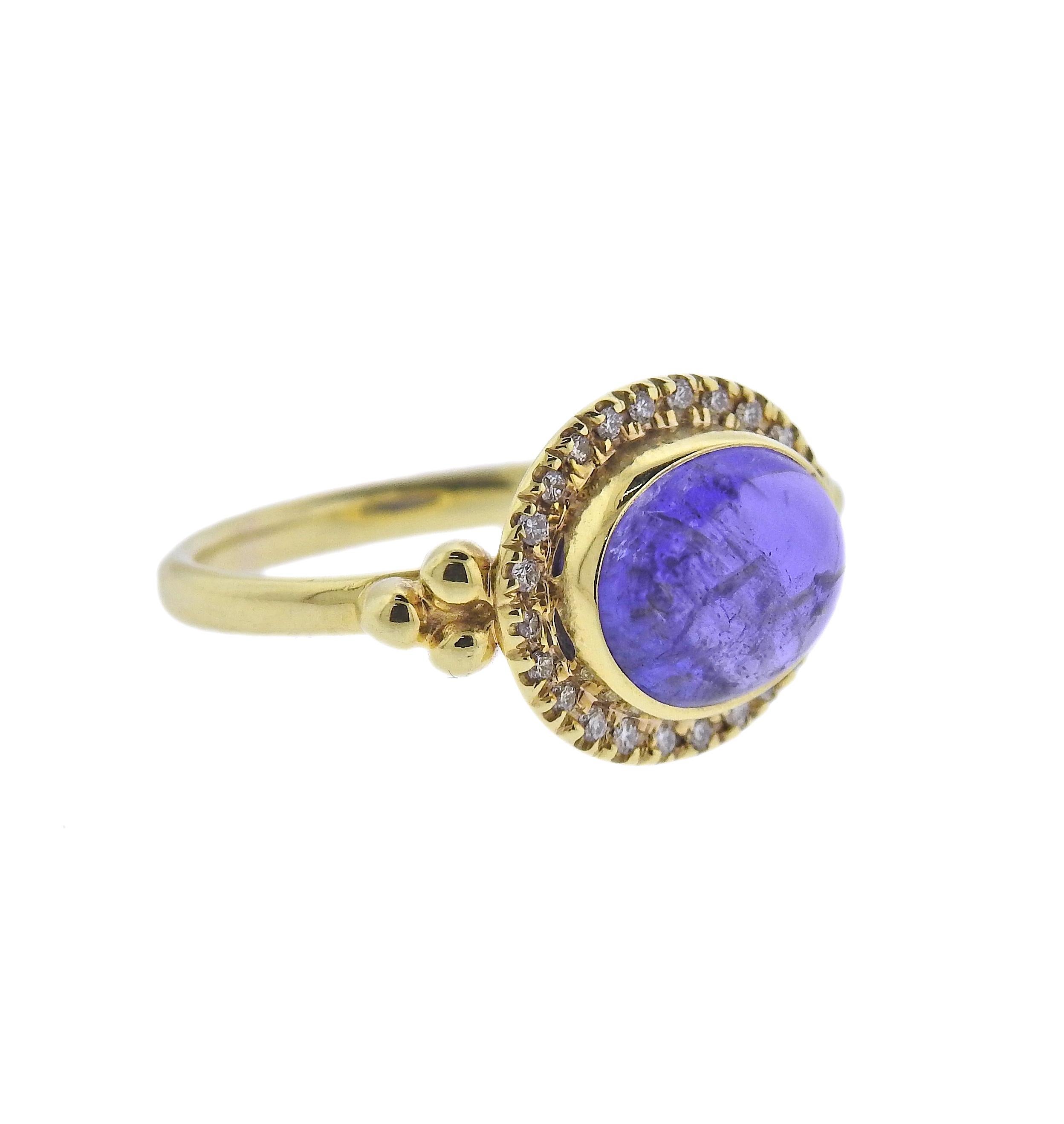 Brandneue Maz 14k Gold Ring, mit Zentrum 10 x 7,8mm Tansanit Cabochon und 0,12ctw G/VS Diamanten.  Ringgröße 6,75, Oberteil 14 x 12 mm. Gewicht - 4,2 Gramm. Gezeichnet: 14k, Maz.