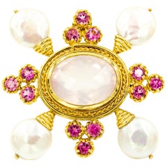 Maz Tourmaline Rose Quartz Pearl 14 Karat Gold Yellow Brooch Pin Pendant