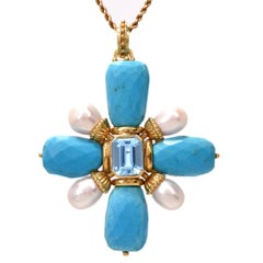 Maz Turquoise Aquamarine Cross Gold Brooch Pendant Enhancer