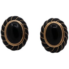 Maz Yellow Gold and Onyx Oval Cabochon Rope Edge Earrings