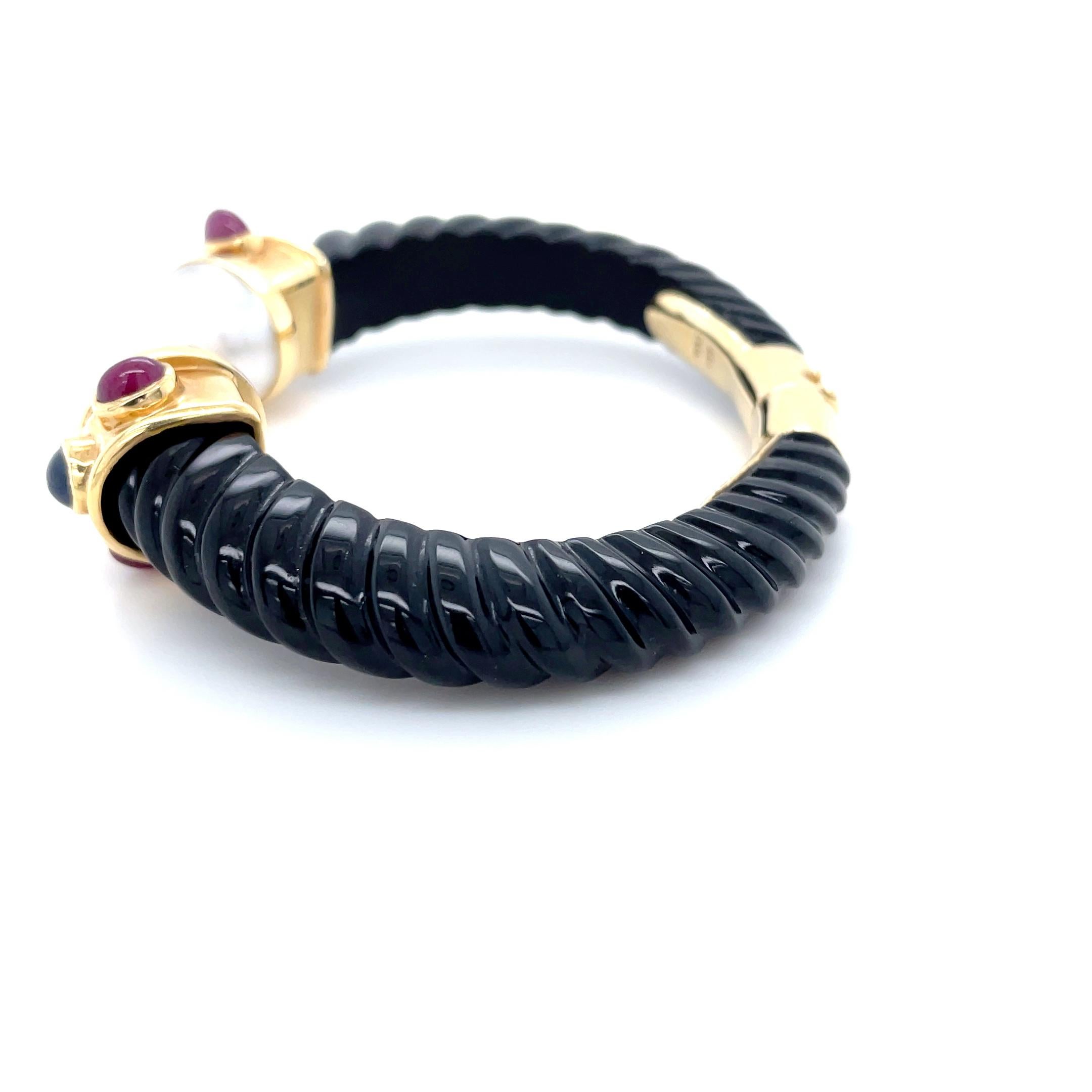 Women's Maz, Yellow Gold, Carved Onyx and Gemstone Bangle Bracelet