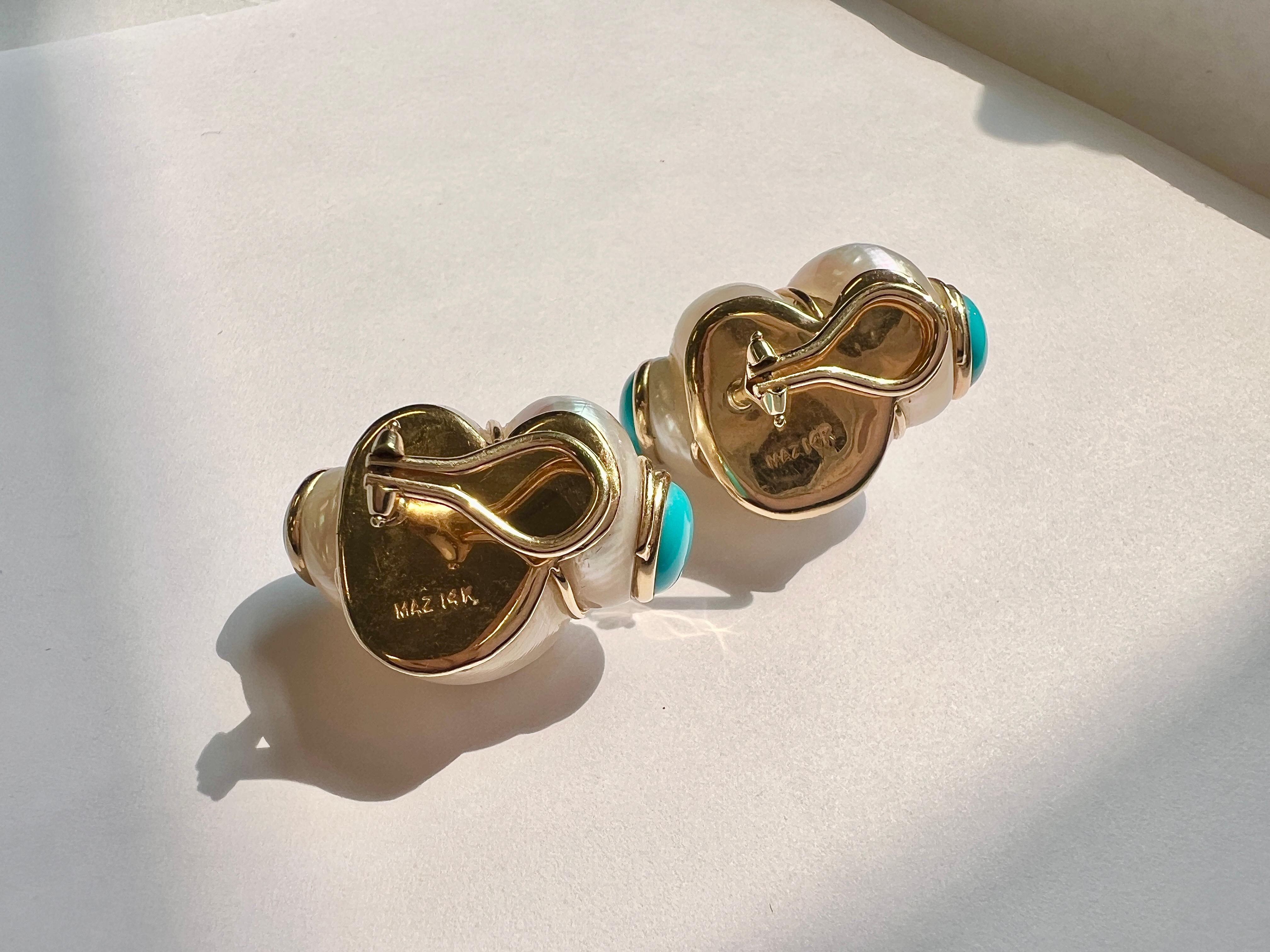 Maz Yellow Gold Turquoise Turbo Shell Earrings For Sale 2