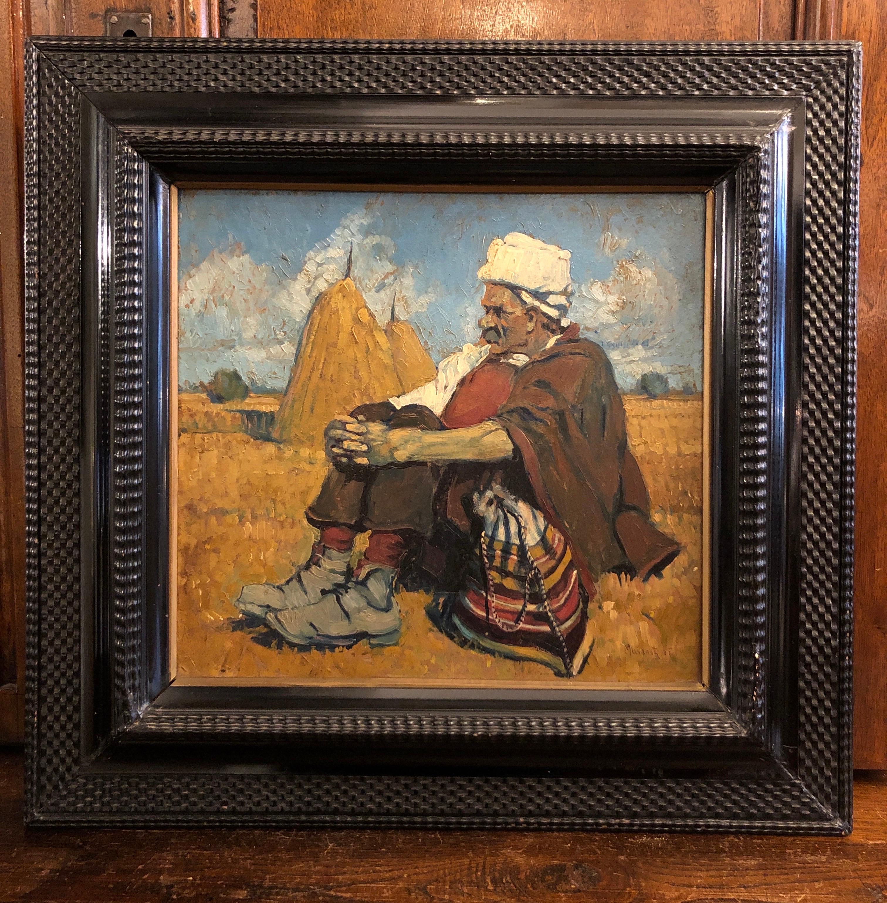 From Bosnia and Herzegovina Doko MAZALIC captures a resting scene in the middle of a field where  a man, a farmer or wayfarer, is seated in a resting position in the foreground, with two large sheaves of hay and a rural landscape in the background.