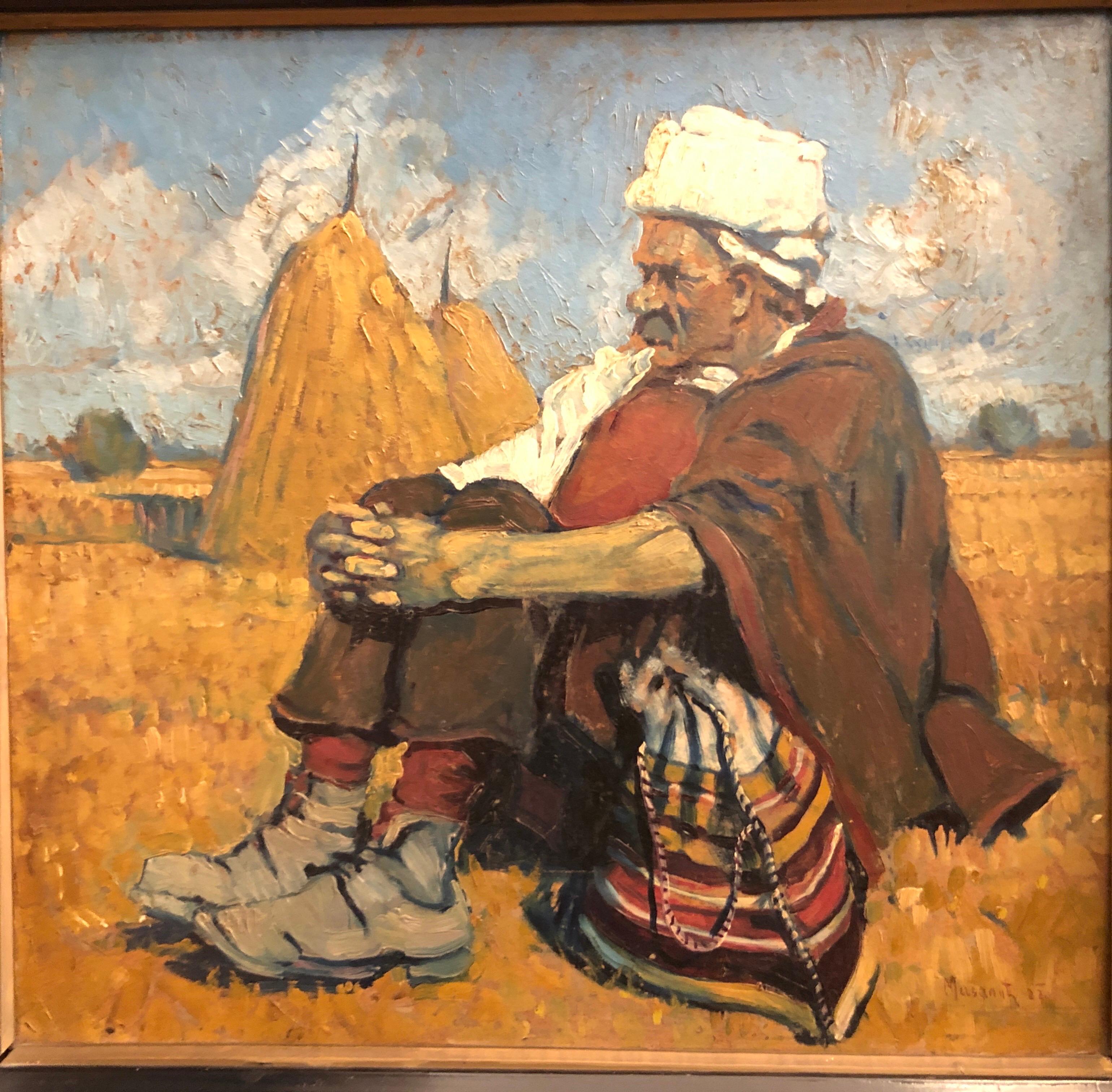 Ebonized Mazalik Doko 1922 Man Sitting in a Field with Sheaves Bosnian Opera With Frame