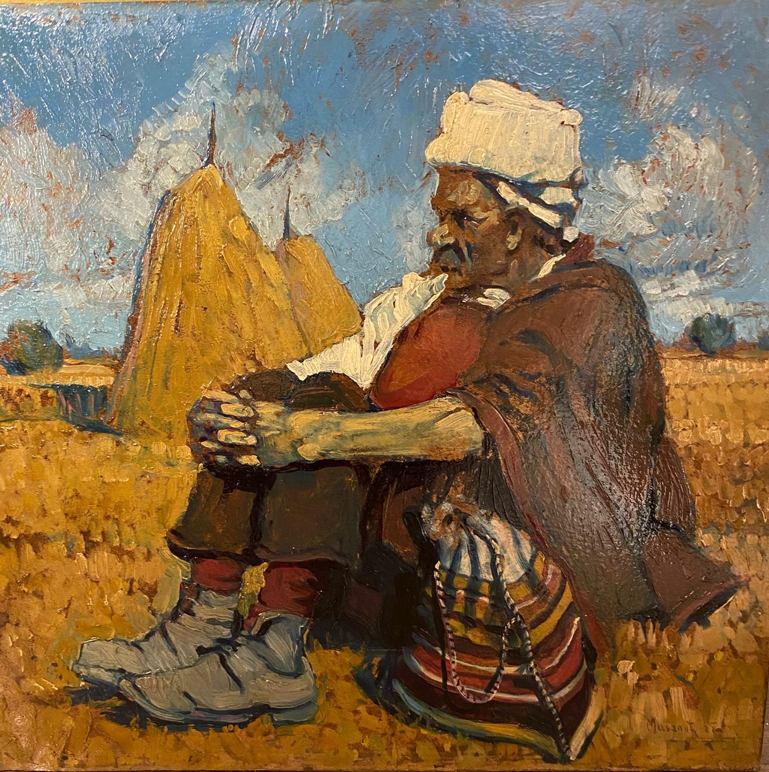 Expressionist Mazalik Doko 1922 Man Sitting in a Field with Sheaves Bosnian Opera With Frame