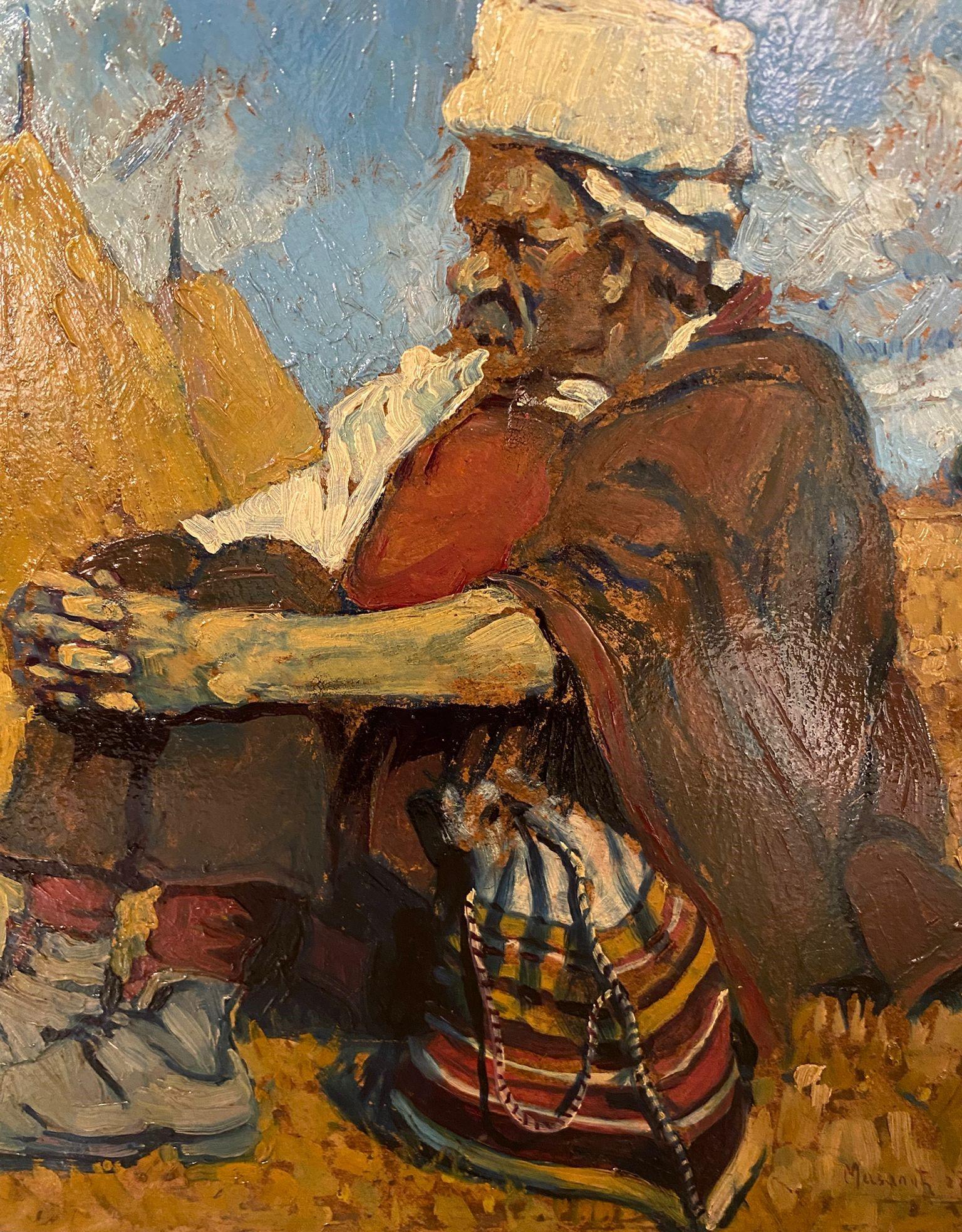 Wood Mazalik Doko 1922 Man Sitting in a Field with Sheaves Bosnian Opera With Frame