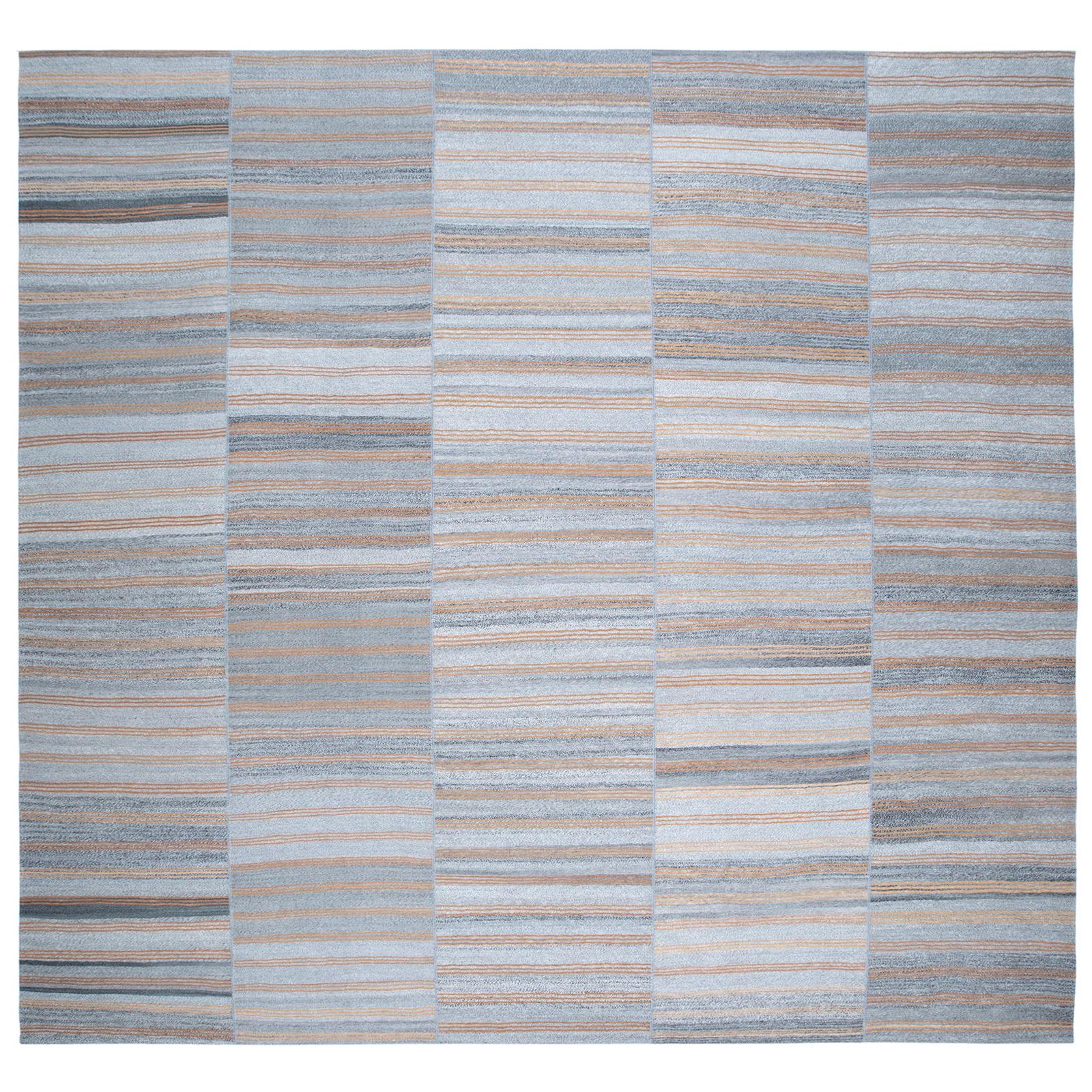 Mazandaran Style Handwoven Flatweave Rug in Grey with Orange Color