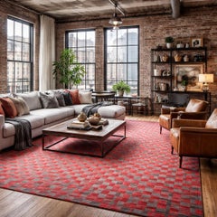 Alfombra Kilim Premium de Tejido Plano Rojo y Gris: Diseño moderno de mediados de siglo 10 x 13 pies