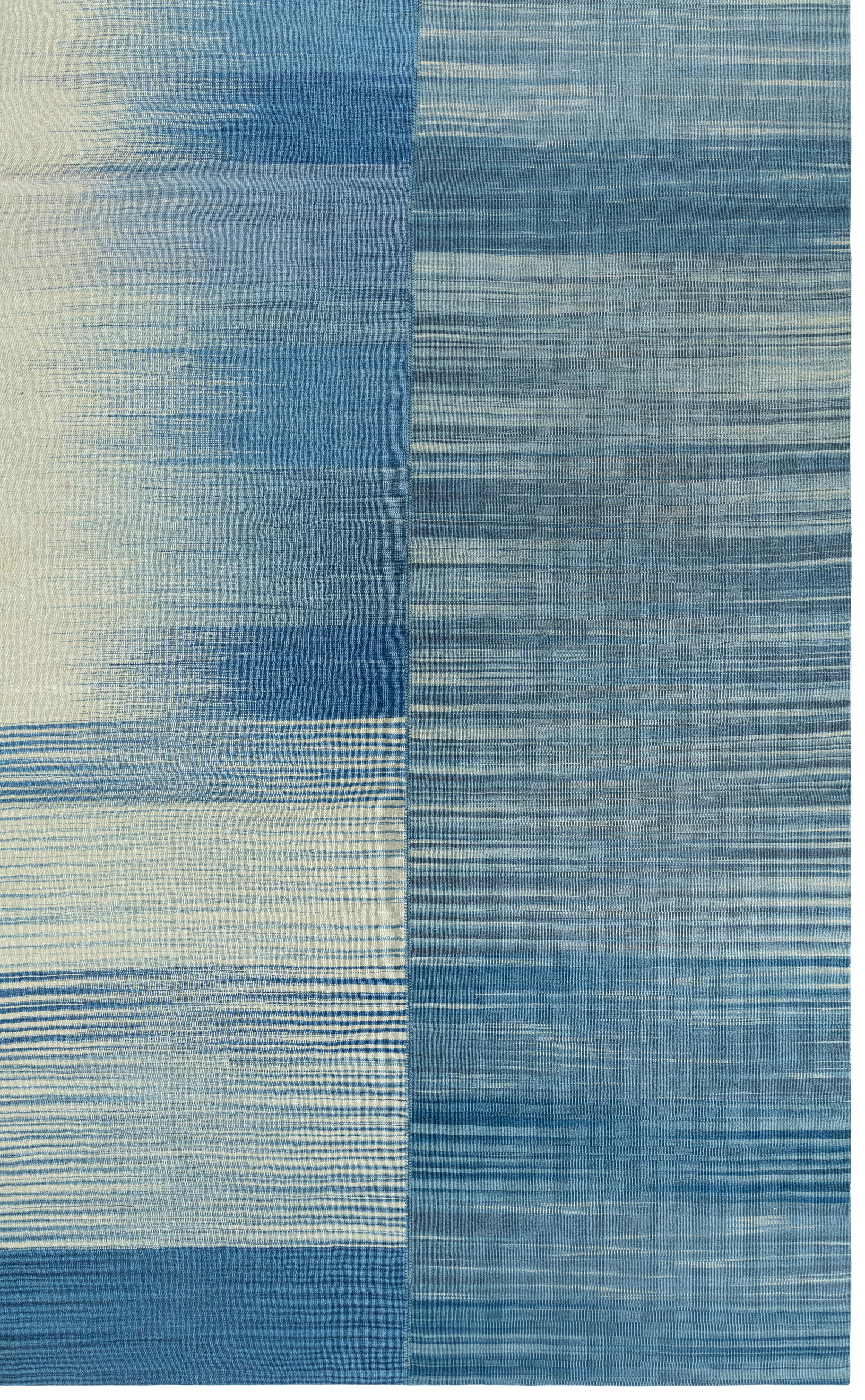 Alfombra Mazandaran Kilim  Panel Ombré Azul Tejido Plano  Lana hilada a mano  Tamaño personalizado en venta 3