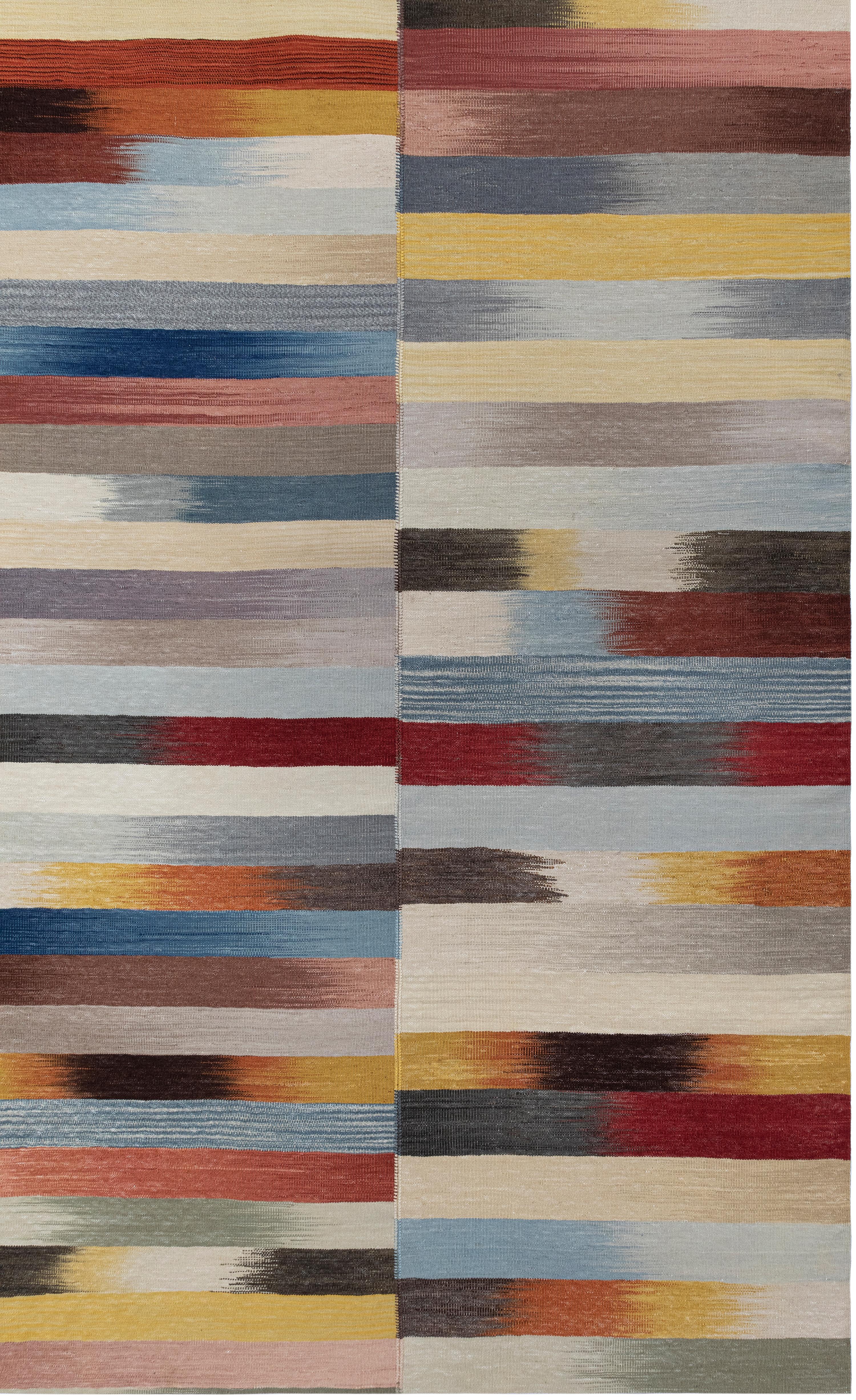 Mazandaran Kilim-Teppich  Modernes Flachgewebe mit Multicolor-Streifen  Handgewebte Wolle im Angebot 6
