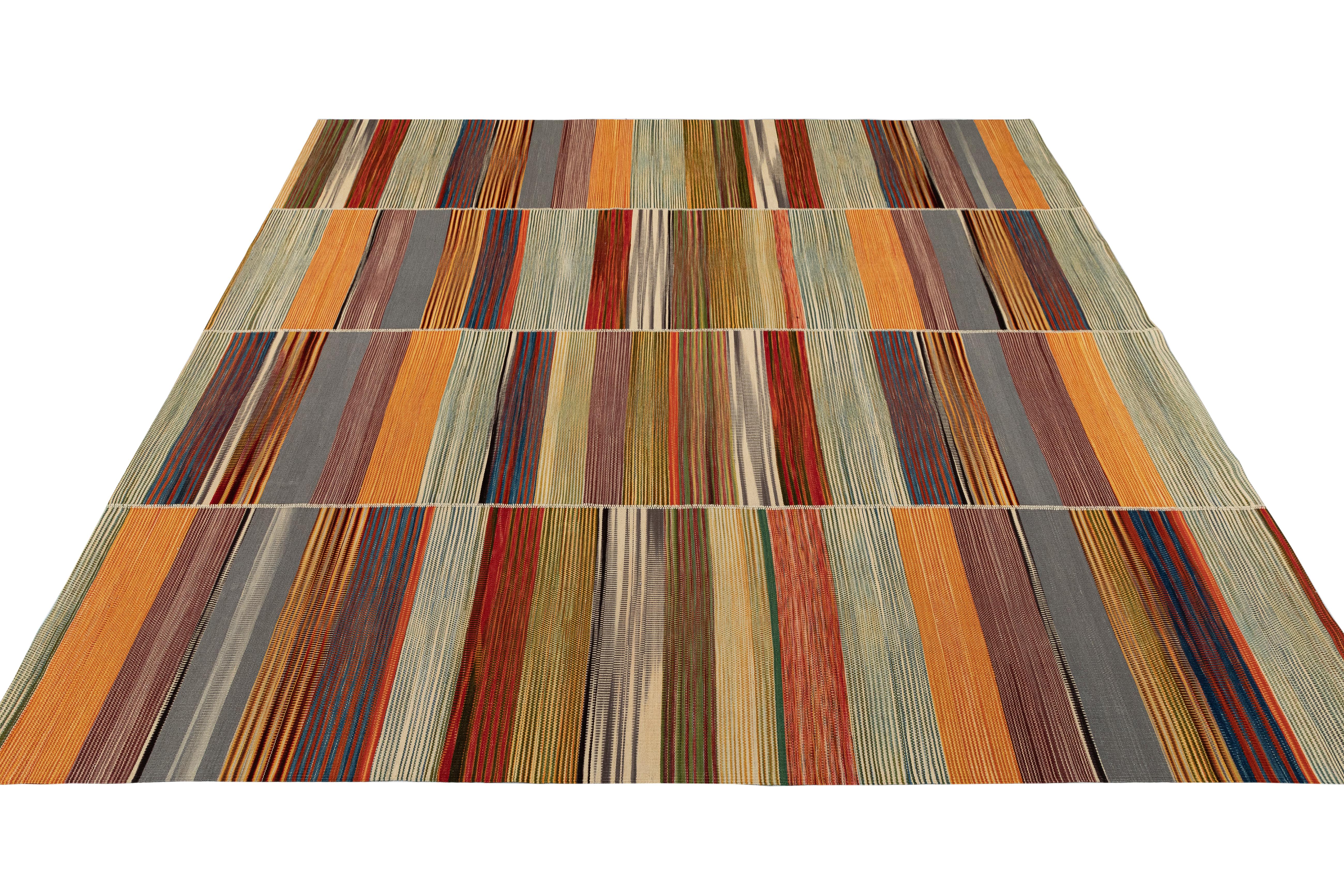 Mazandaran Kilim Rug  Multicolor Flatweave Panel Design  Handwoven Wool In New Condition For Sale In New York, NY