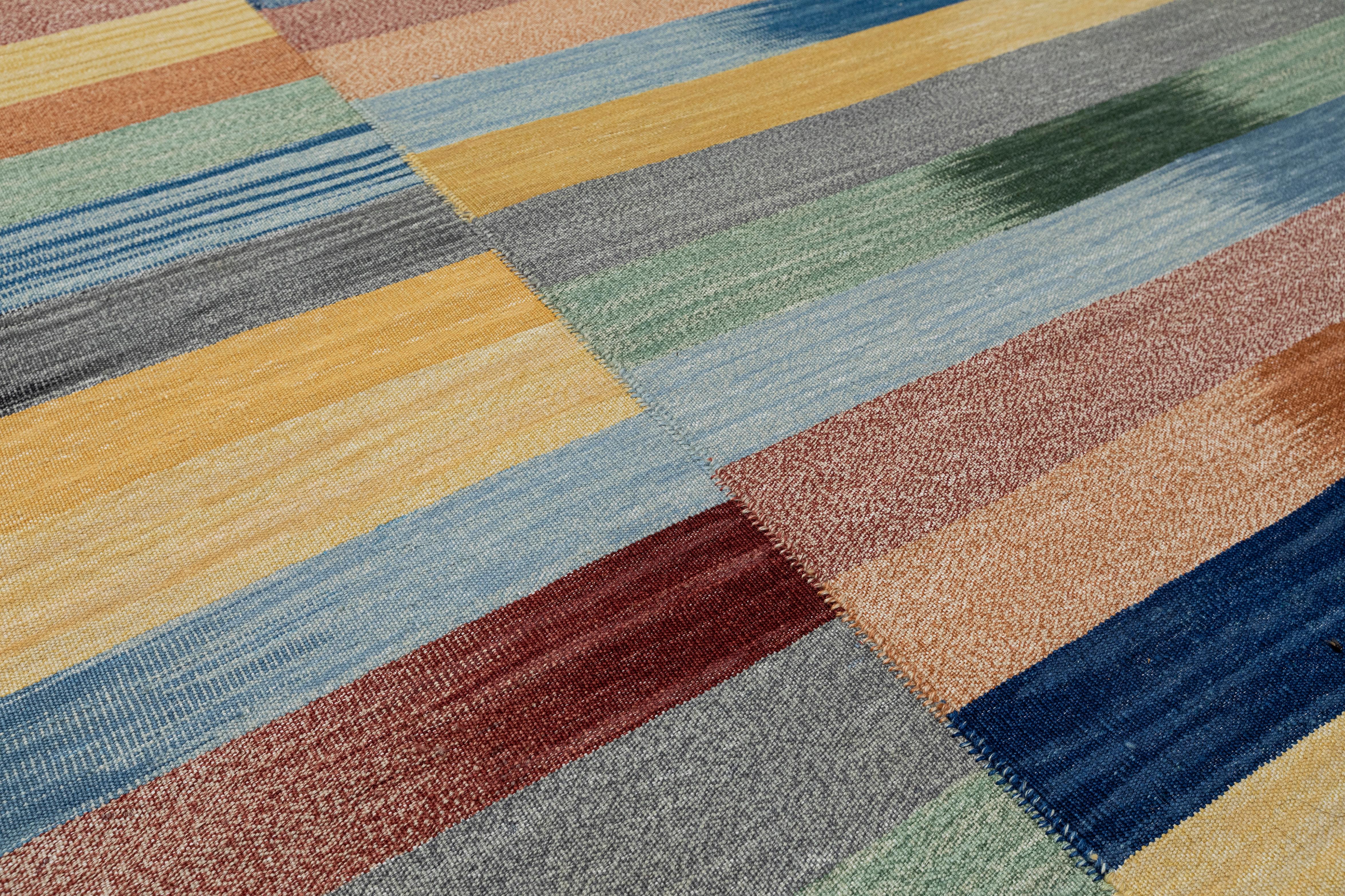 Organic Modern Mazandaran Kilim Rug, Multicolor Modern Flatweave  Handwoven Wool  Custom Size For Sale
