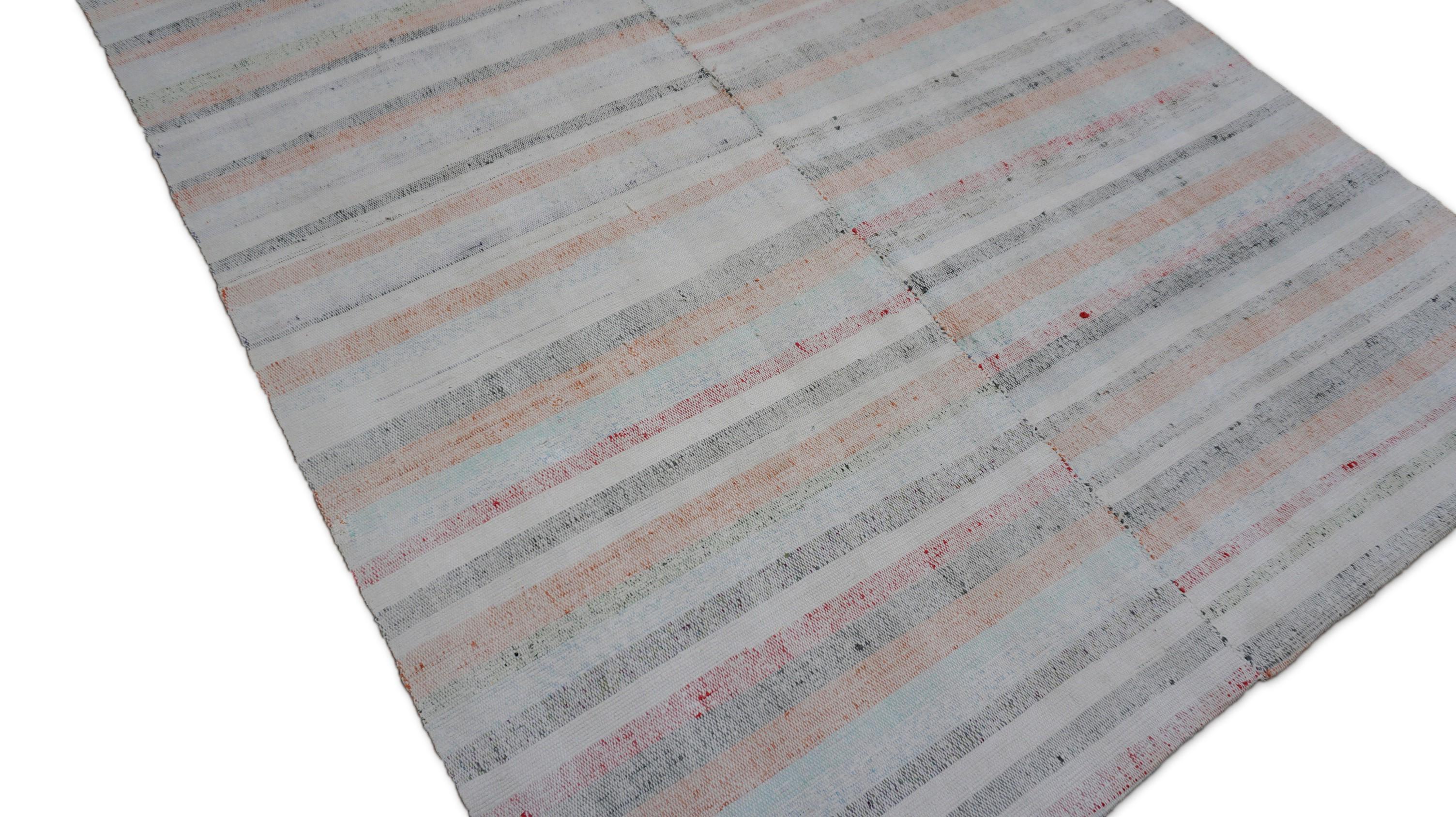 Tessuto a mano Tappeto in lana a righe in stile Mazandaran 4'8''x6'9'' in vendita