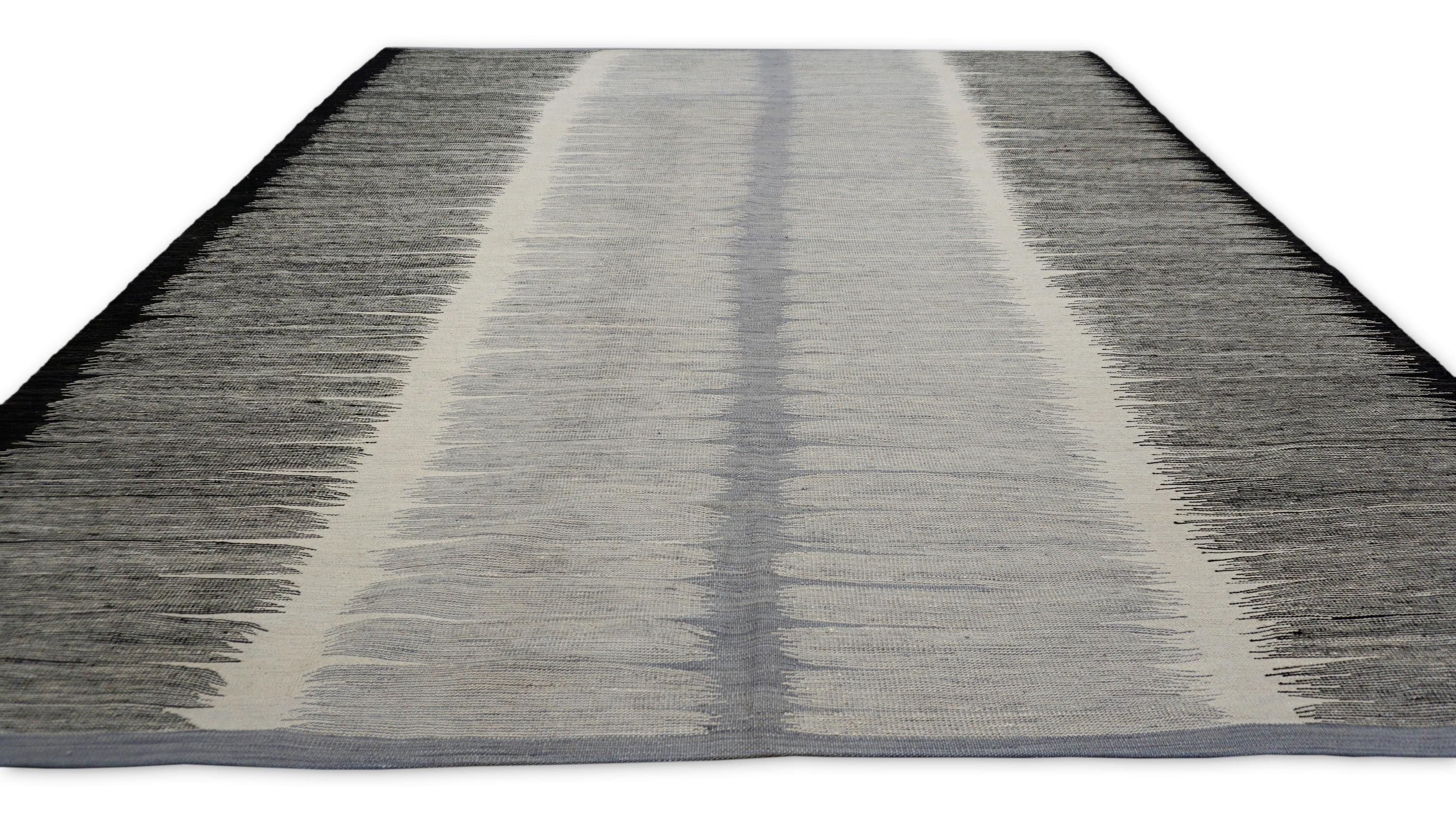 Modern Mazandaran-Style Wool Gradient Black Ivory Kilim 8'5''x9'8'' For Sale