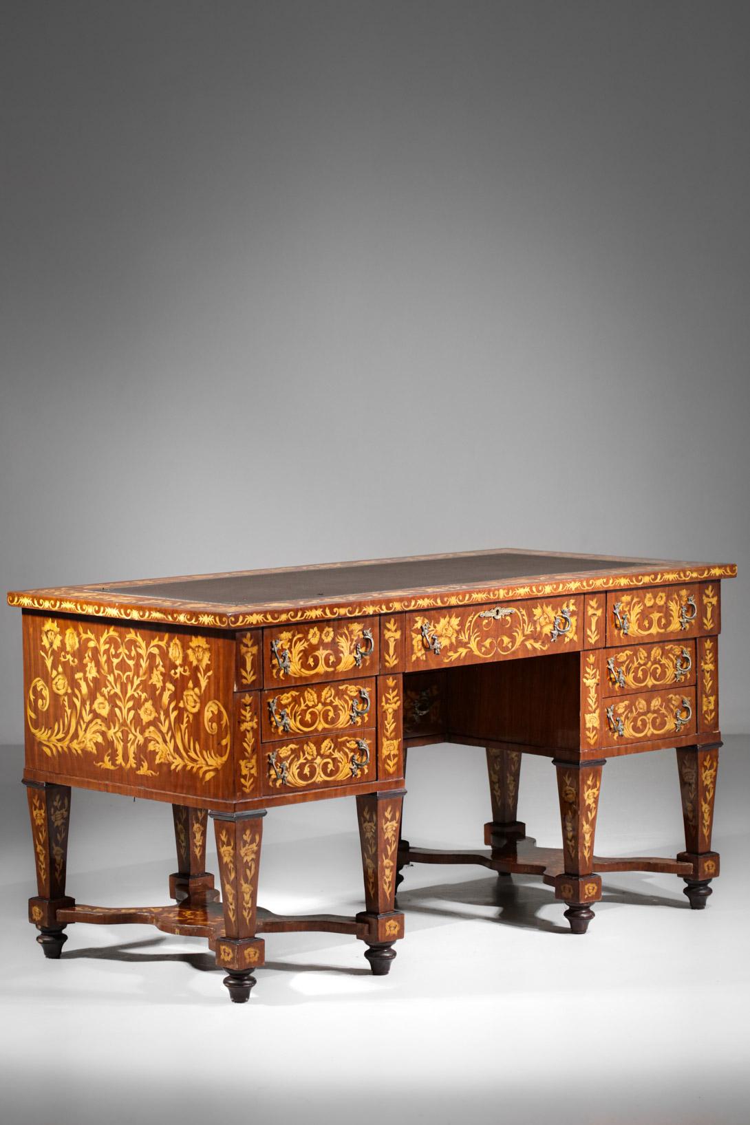 Louis XIV Mazarin Style Desk in Solid Wood and Floral Marquetry, F419