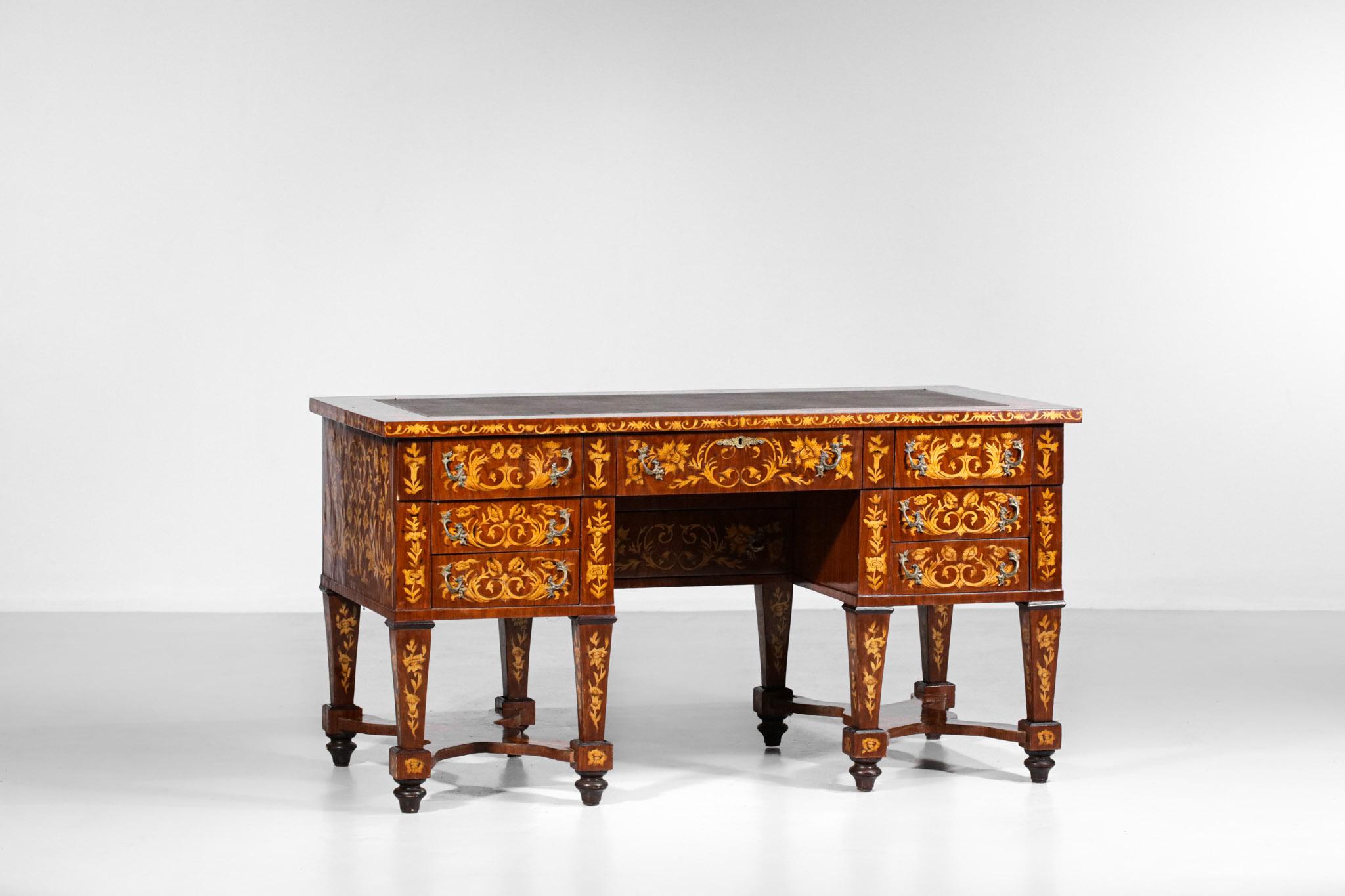 Mid-20th Century Mazarin Style Desk in Solid Wood and Floral Marquetry, F419