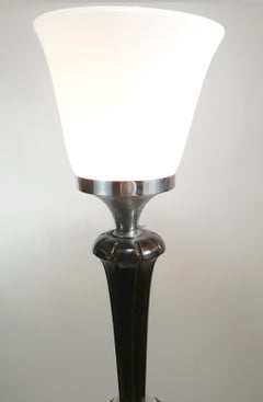 Art Deco Floor Lamp, French Wood & Opaline Glass, Dimmer Feature, 1930