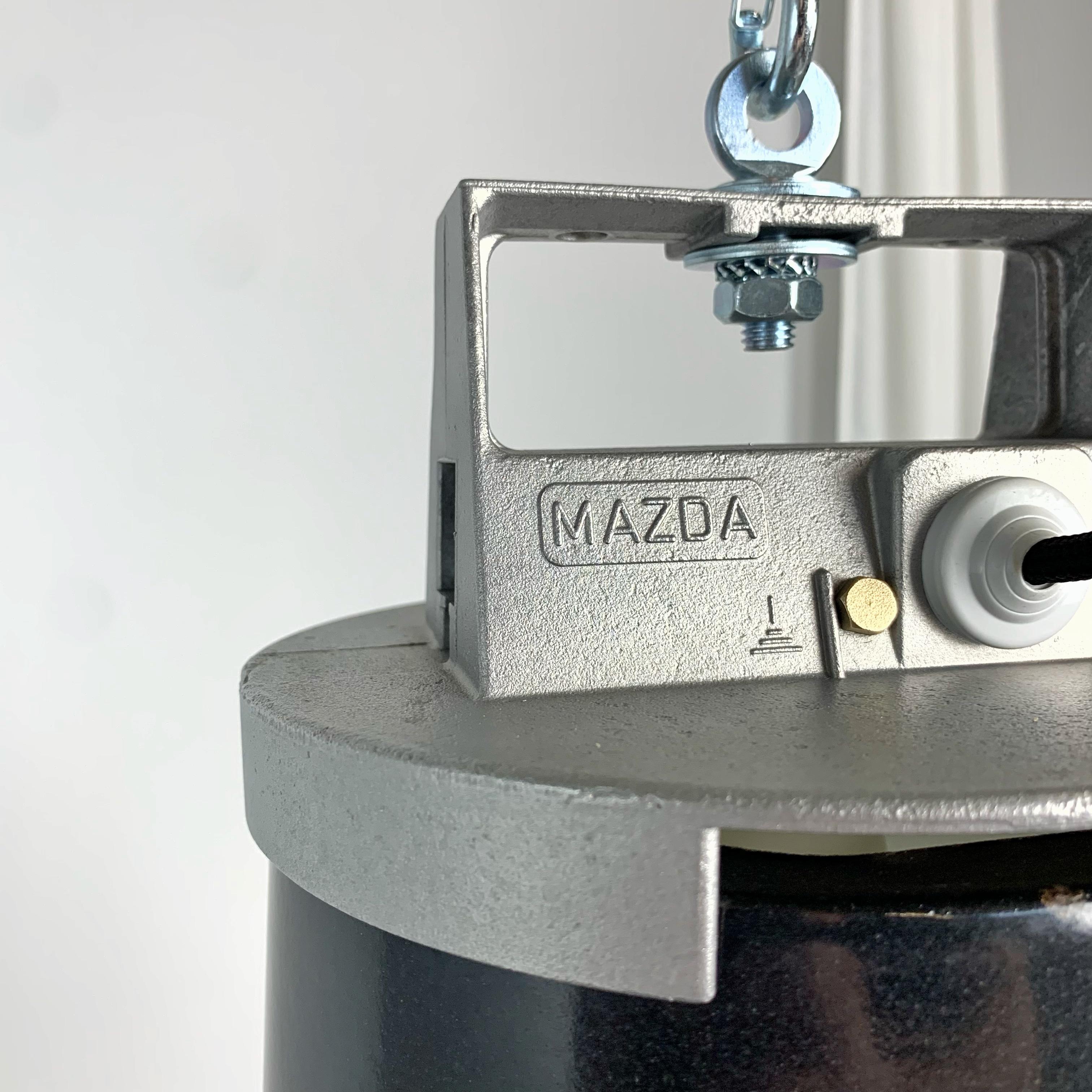 Mid-20th Century MAZDA French Black Enamel Vintage Industrial Metal Top Pendant Light  For Sale