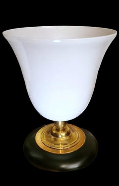 Mazda Style Art Deco Table Lamp Made of Opaline Glass, Brass and Wood