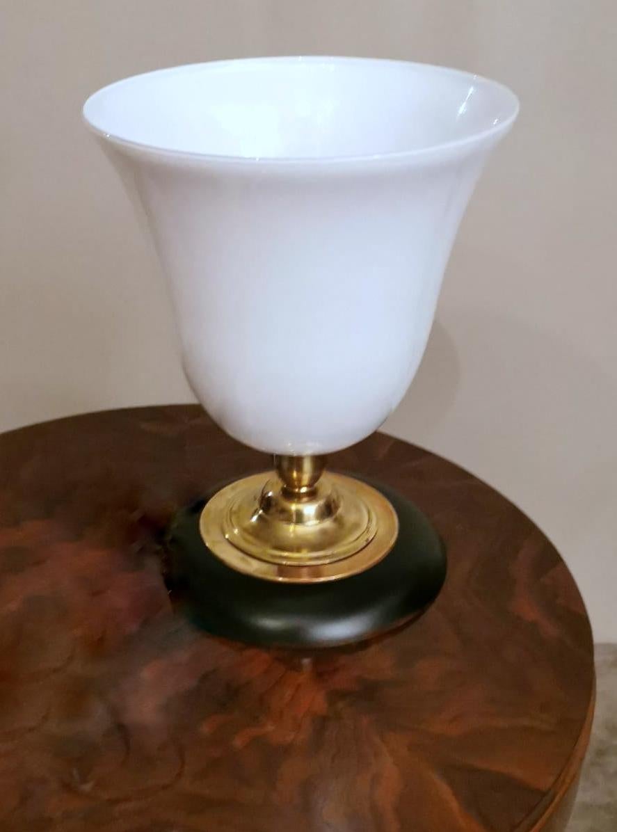 French Mazda Style Art Deco Table Lamp Made of Opaline Glass, Brass and Wood For Sale