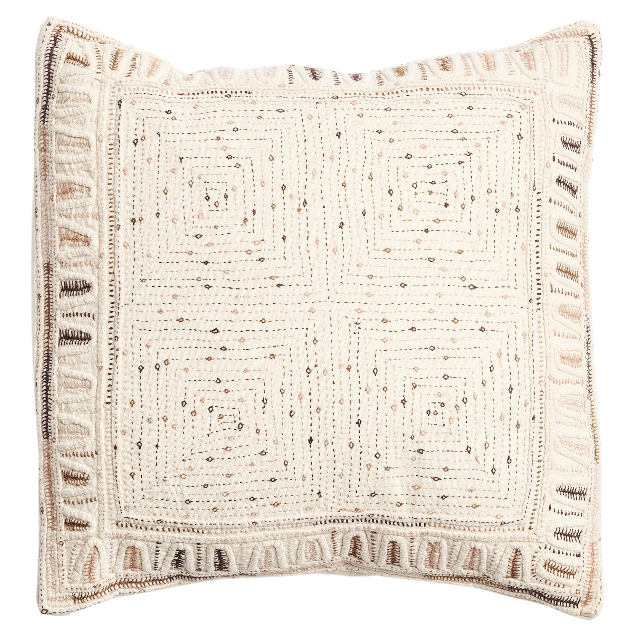 Maze Brown Pillow Hand Embroidered on Handwoven Organic Cotton by Artisans For Sale