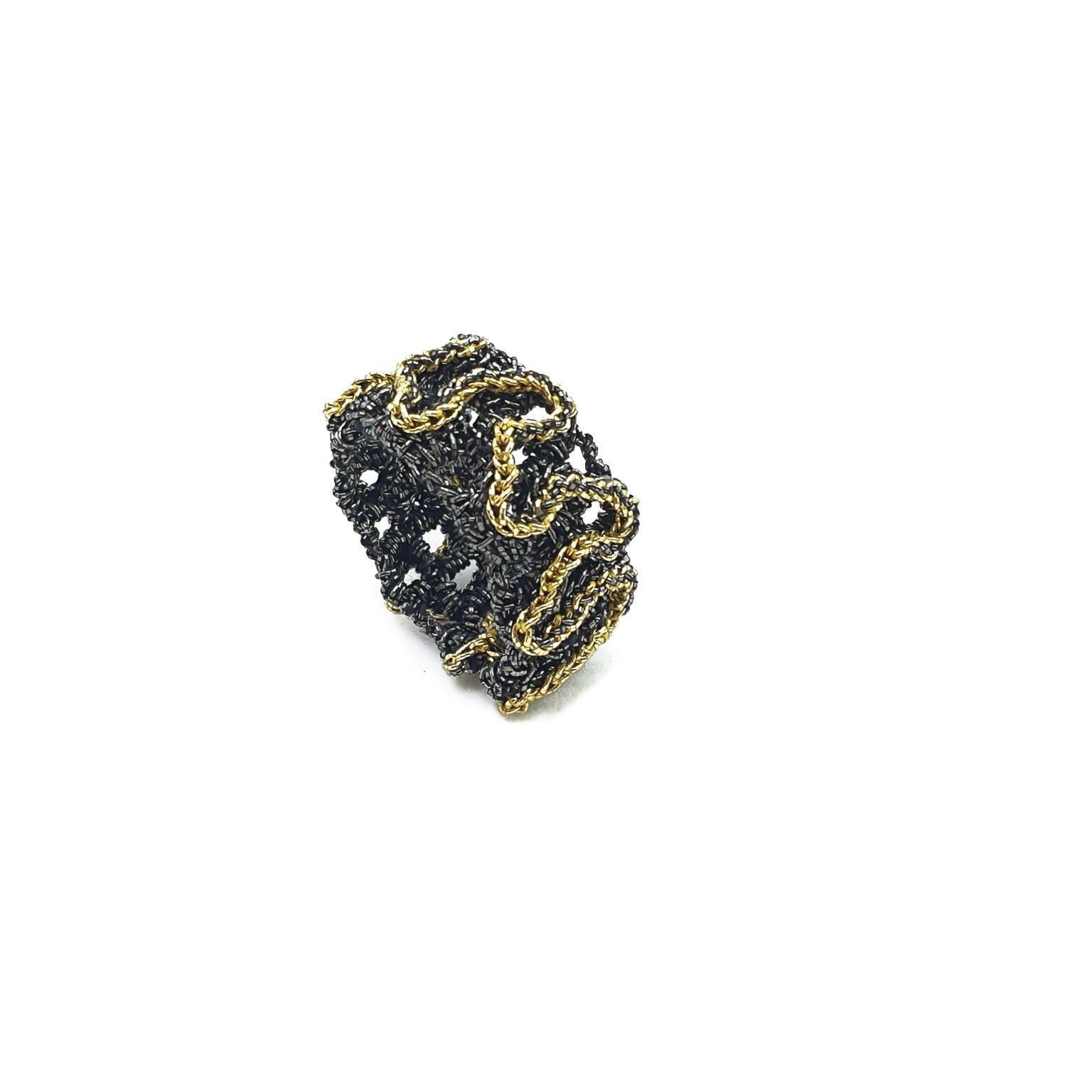 These are maze inspired fashion rings  They can be custom made. They can come in different combinations. Gold color, black, black and gold, gold and black. They can be crochet with a stone to add more color.

The rings are crochet with a smooth