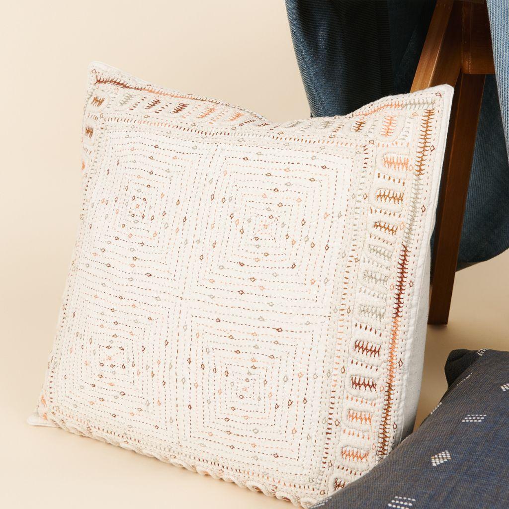 Hand-Woven Maze Coral Pillow Fully Hand Embroidered on Handwoven Organic Cotton by Artisans For Sale