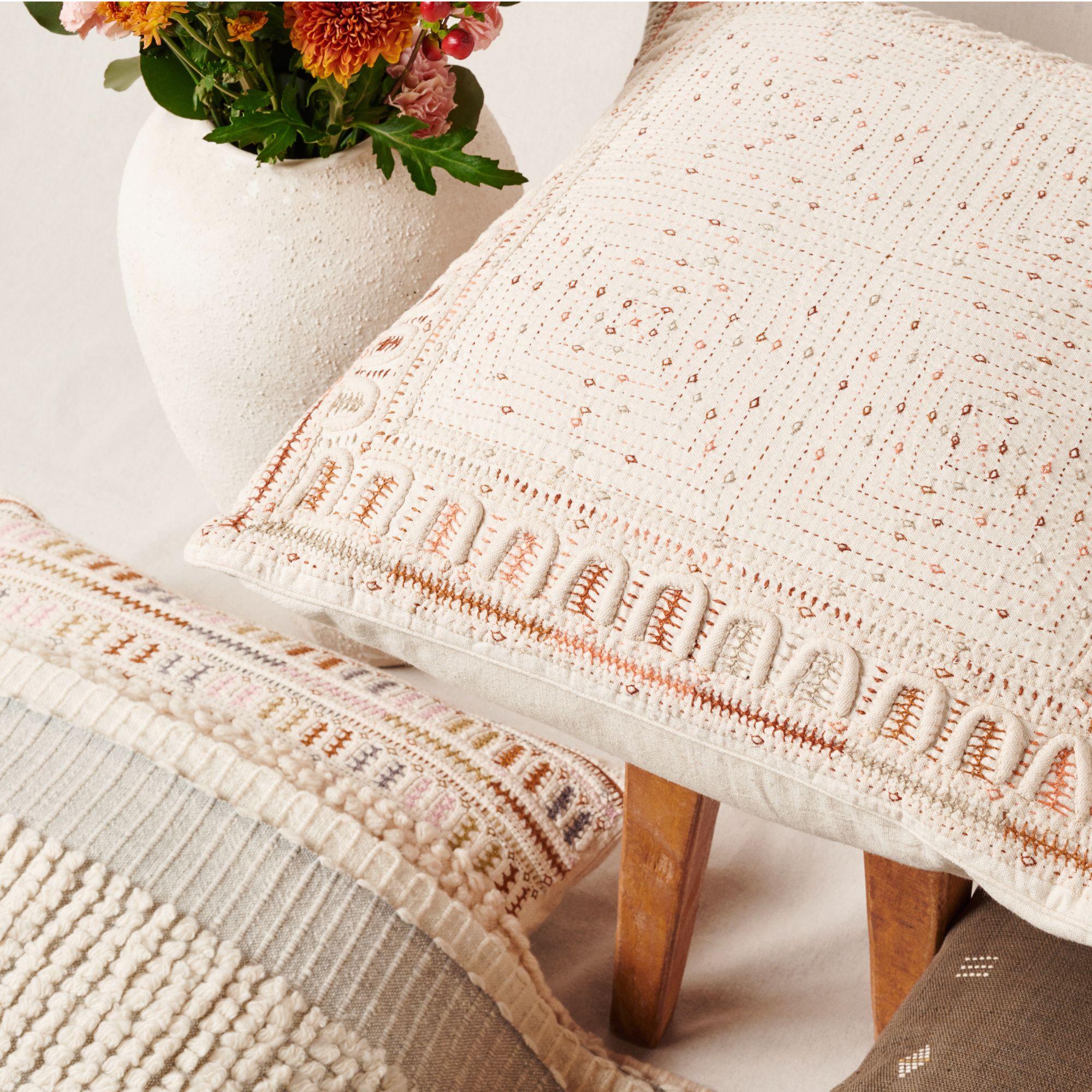 Contemporary Maze Coral Pillow Fully Hand Embroidered on Handwoven Organic Cotton by Artisans For Sale