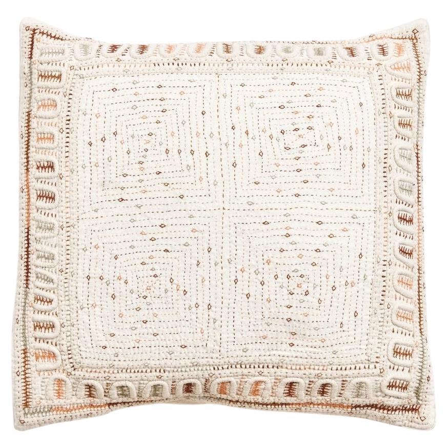 Maze Coral Pillow Fully Hand Embroidered on Handwoven Organic Cotton by Artisans For Sale