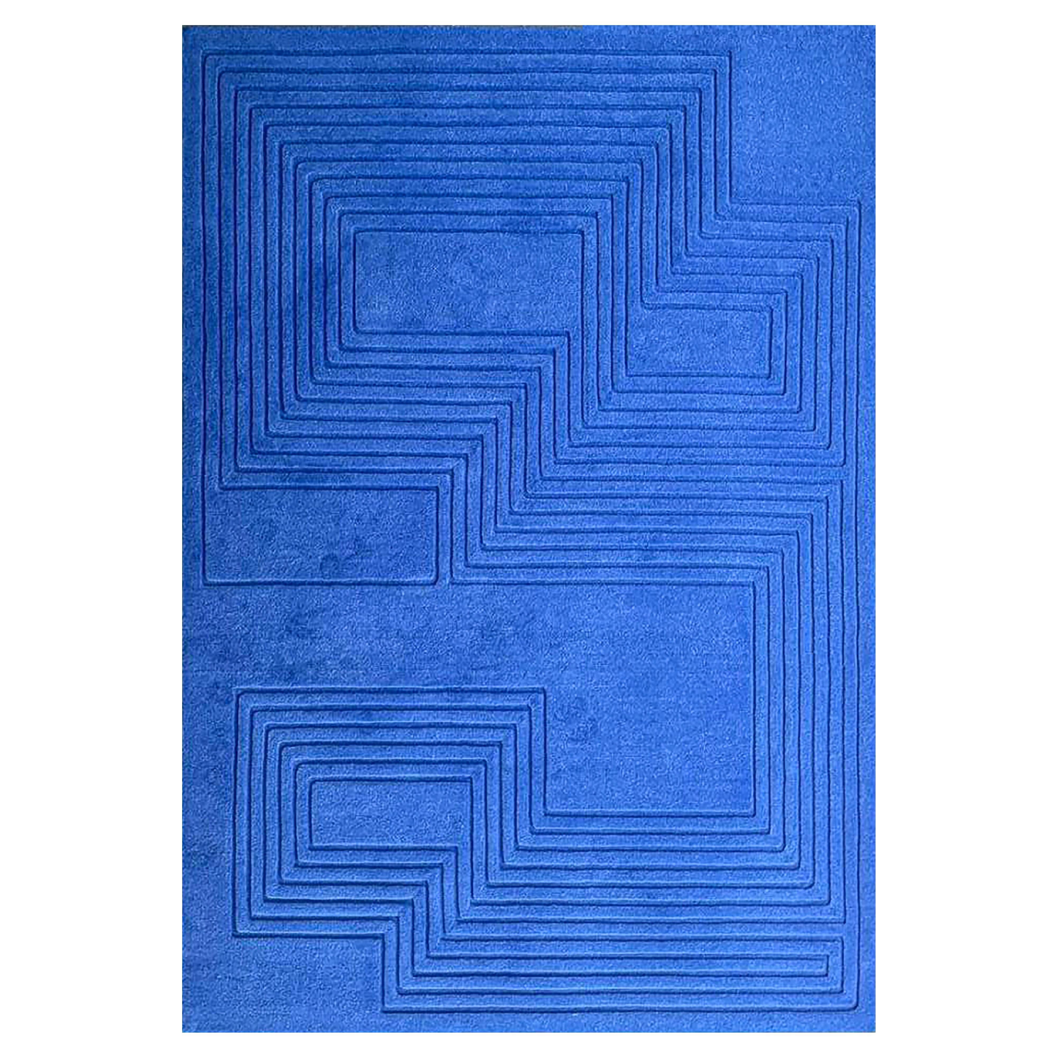 Moderner geometrischer Maze Relief-Teppich aus blauer Seide und Wolle von Jt. Pfeiffer