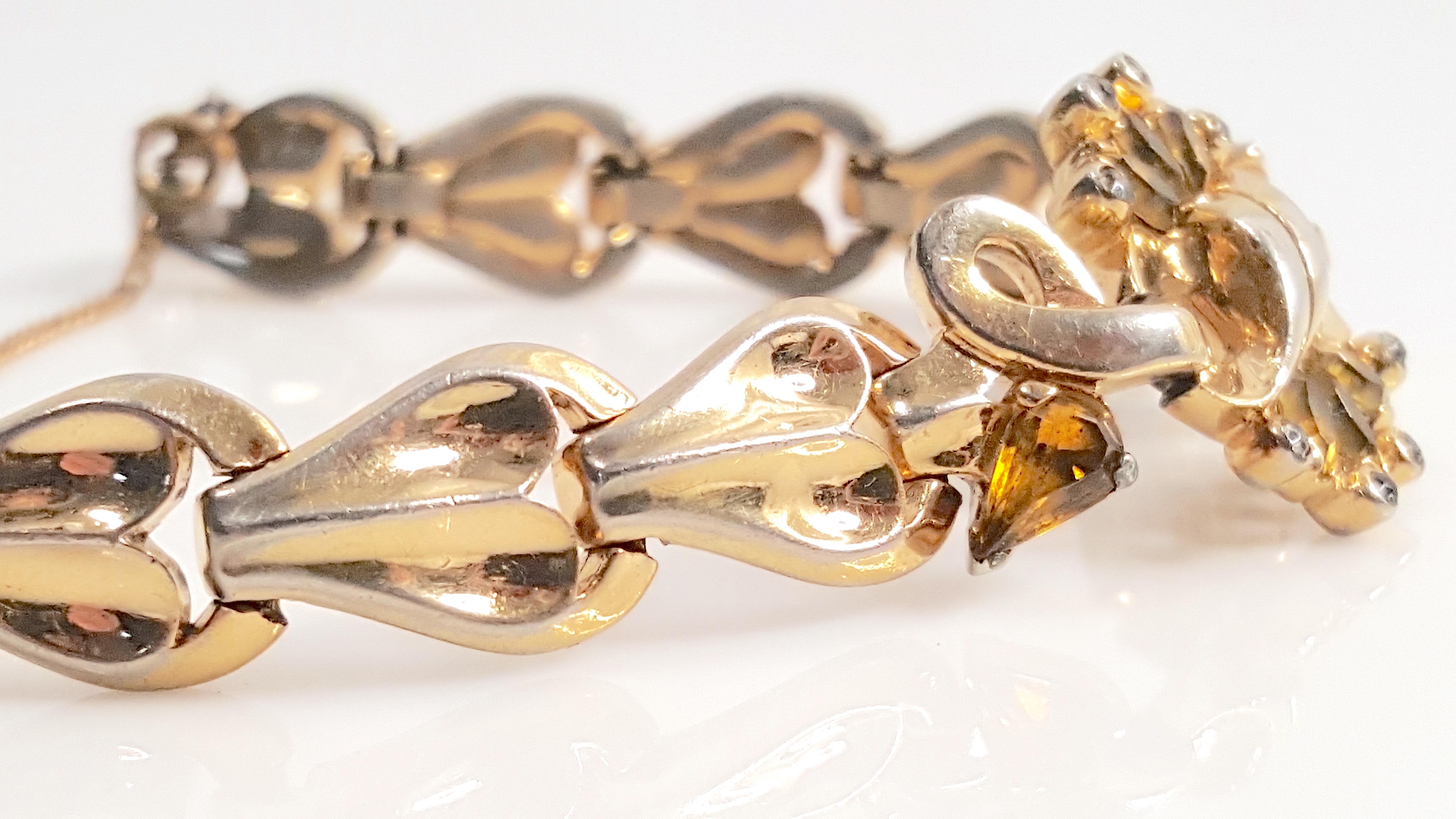 Art Deco 1927-1936 Mazer Stilisiertes vergoldetes Gliederarmband aus Citrin und grauem Diamanten im Zustand „Gut“ im Angebot in Chicago, IL