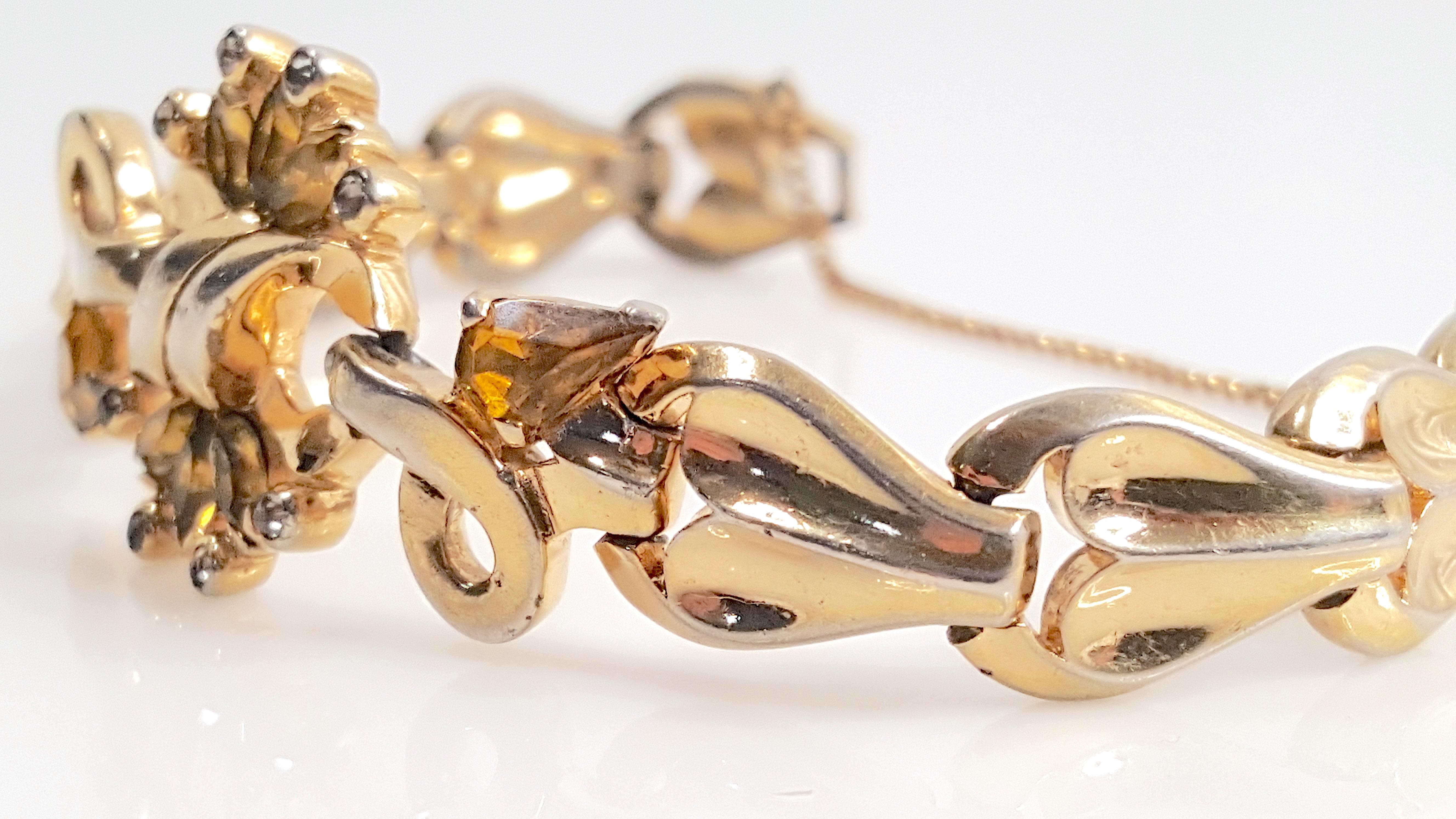 Art Deco 1927-1936 Mazer Stilisiertes vergoldetes Gliederarmband aus Citrin und grauem Diamanten Damen im Angebot