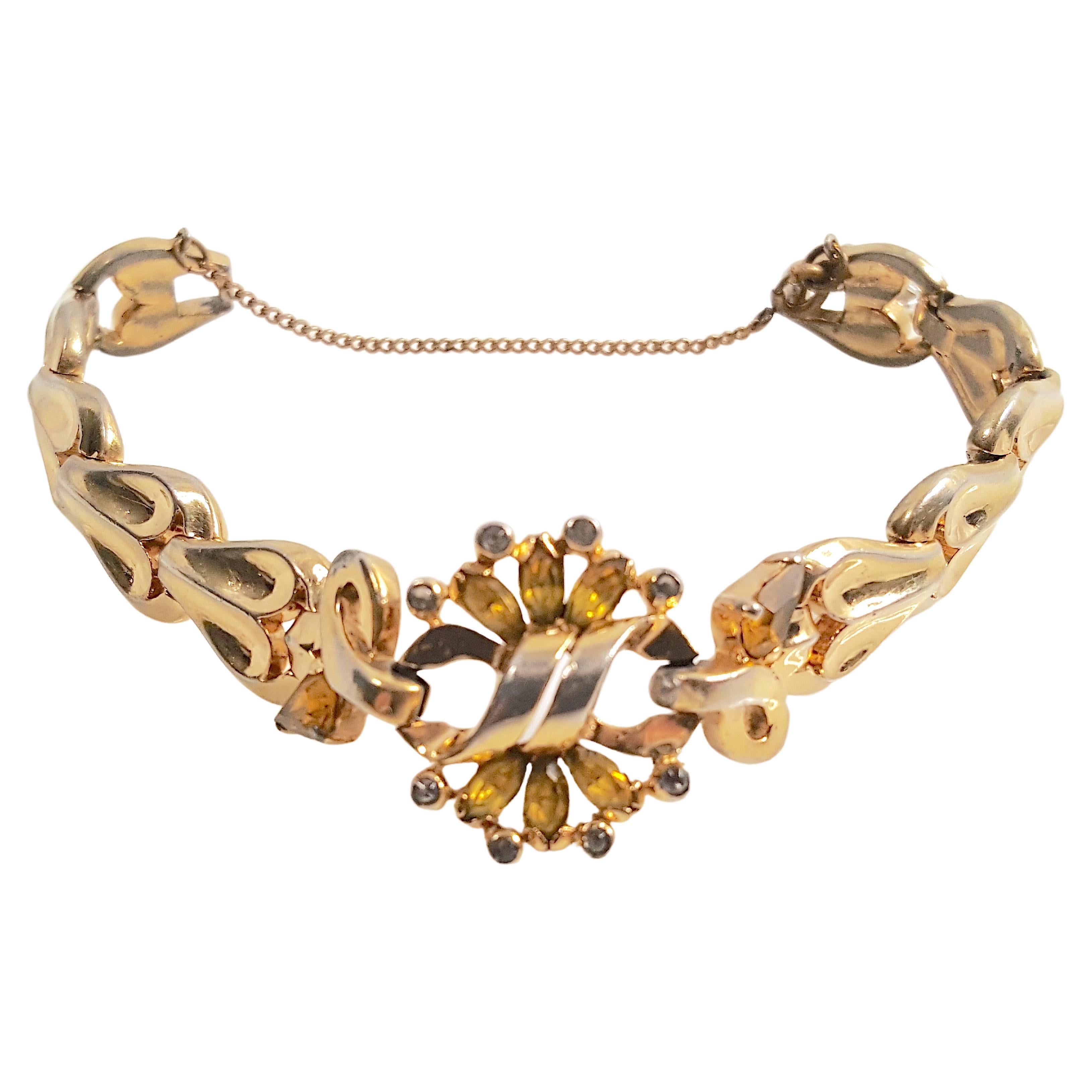 Art Deco 1927-1936 Mazer Stilisiertes vergoldetes Gliederarmband aus Citrin und grauem Diamanten im Angebot