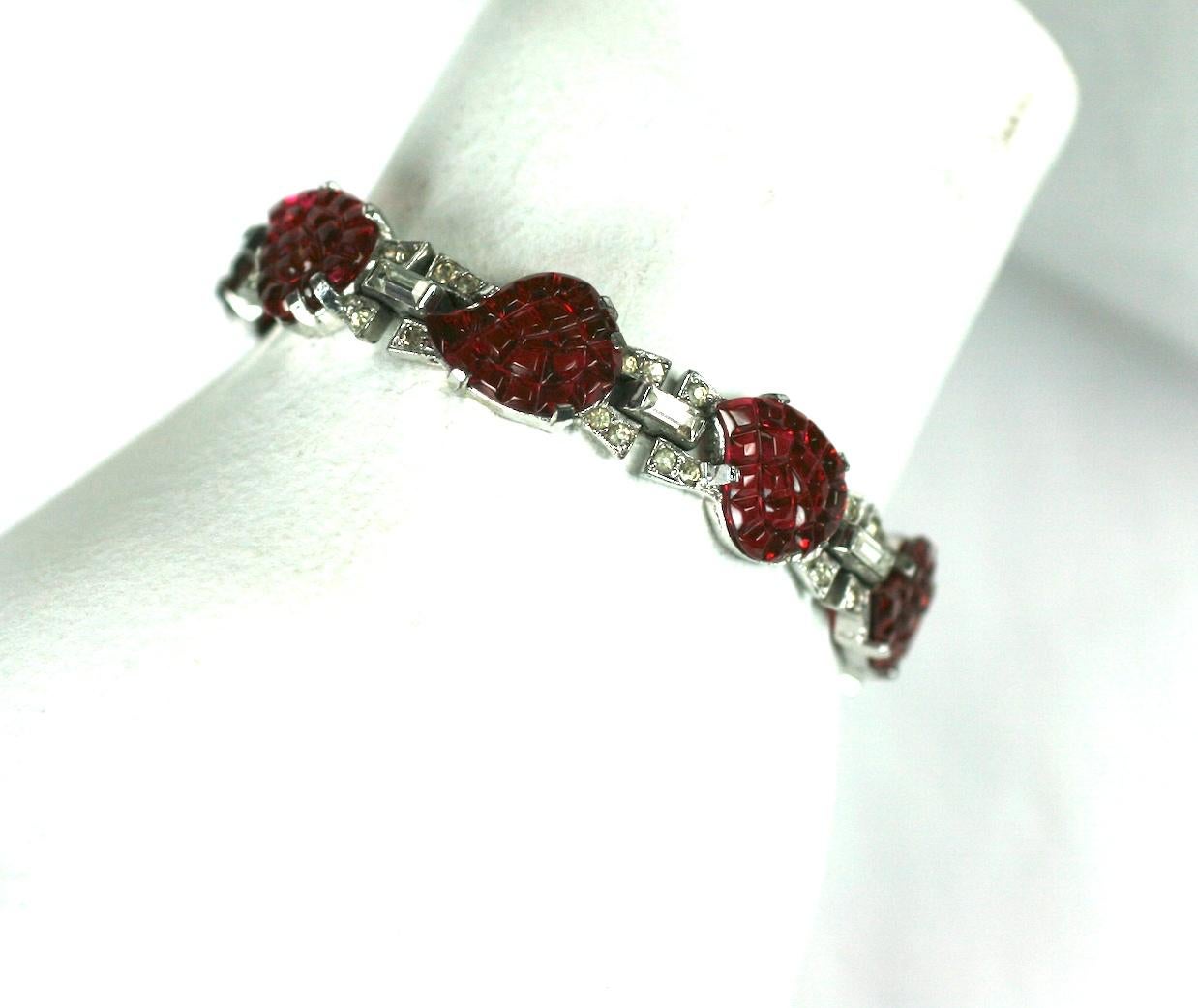 Mazer Art Deco Faux Ruby Invisibly Set Link Bracelet In Excellent Condition In New York, NY