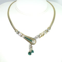 Mazer Bros. Gold & Rhodium Emerald Asymmetrical Necklace & Earrings Set, 1940s