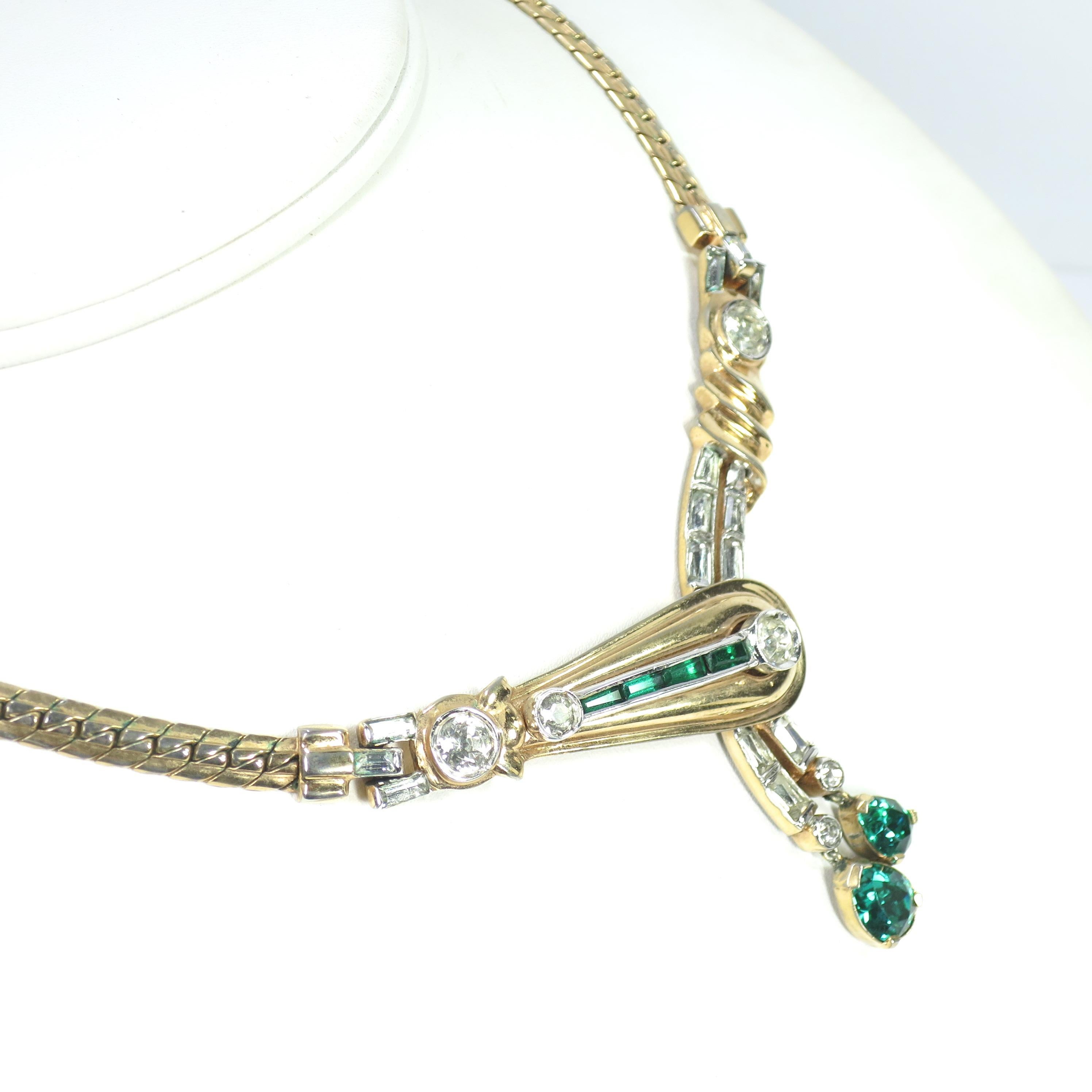 Modernist Mazer Bros. Gold & Rhodium Emerald Asymmetrical Necklace & Earrings Set, 1940s For Sale