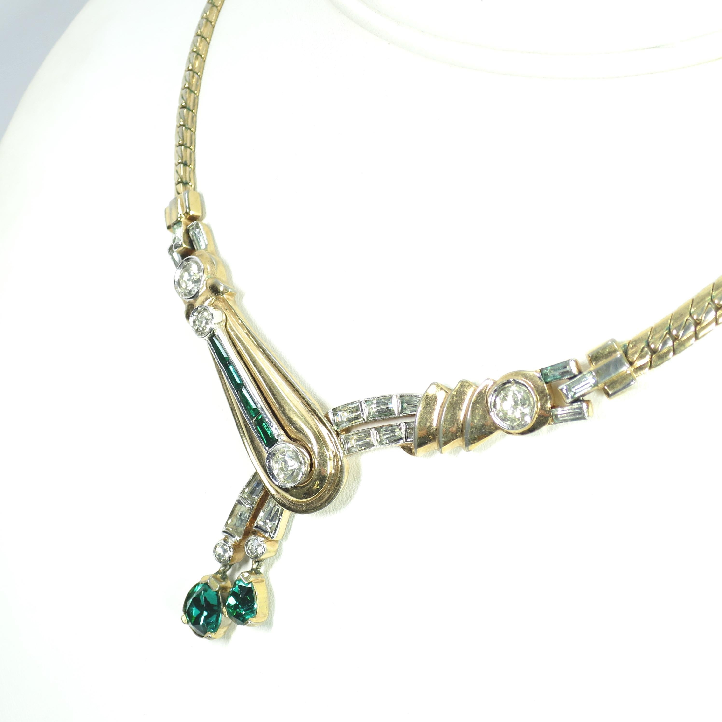 Mazer Bros. Gold & Rhodium Emerald Asymmetrical Necklace & Earrings Set, 1940s In Good Condition For Sale In Burbank, CA
