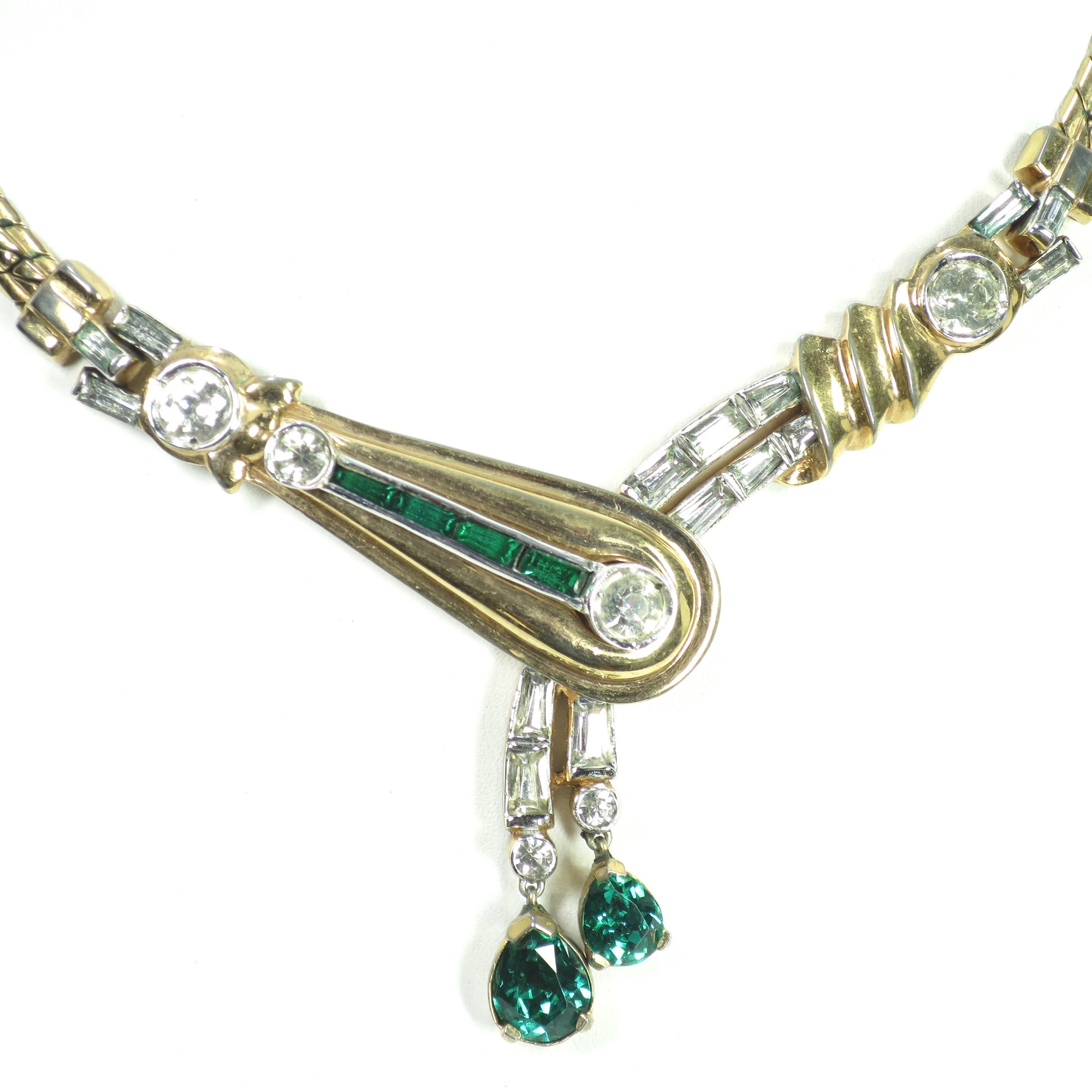 Women's Mazer Bros. Gold & Rhodium Emerald Asymmetrical Necklace & Earrings Set, 1940s For Sale