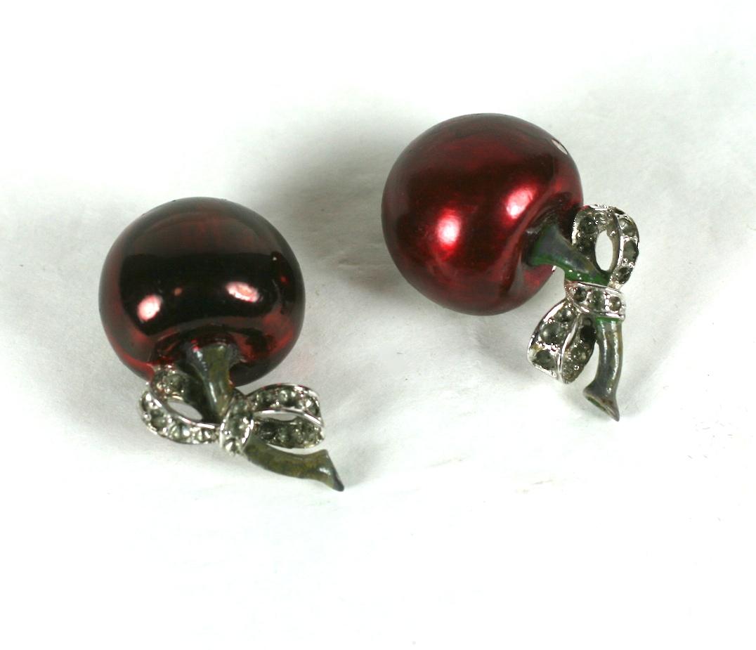 Mazer Enamel Cherry Earclips In Good Condition For Sale In New York, NY