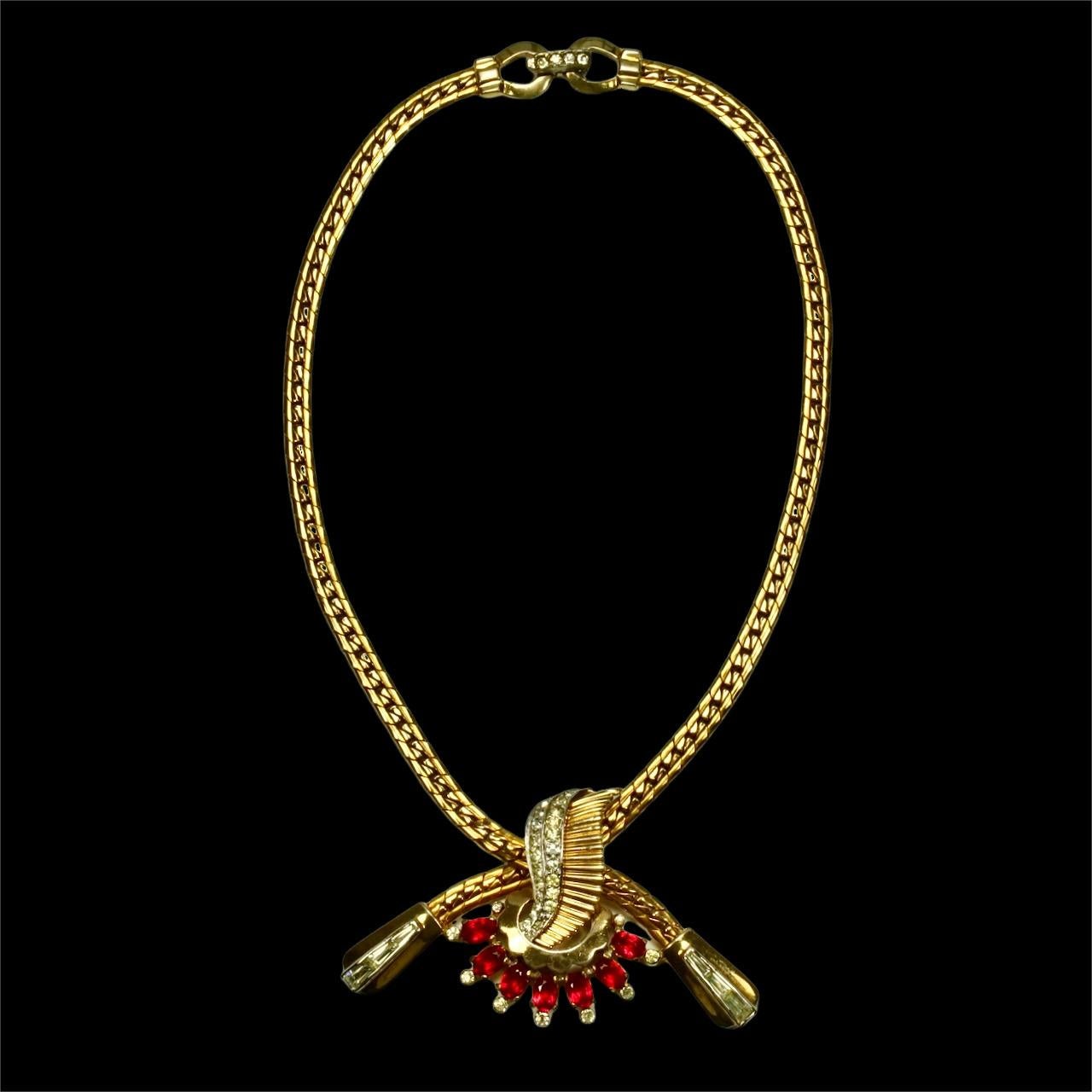 Mazer Gold Plated Red and Clear Rhinestone Pendant Necklace circa 1940s For Sale 6