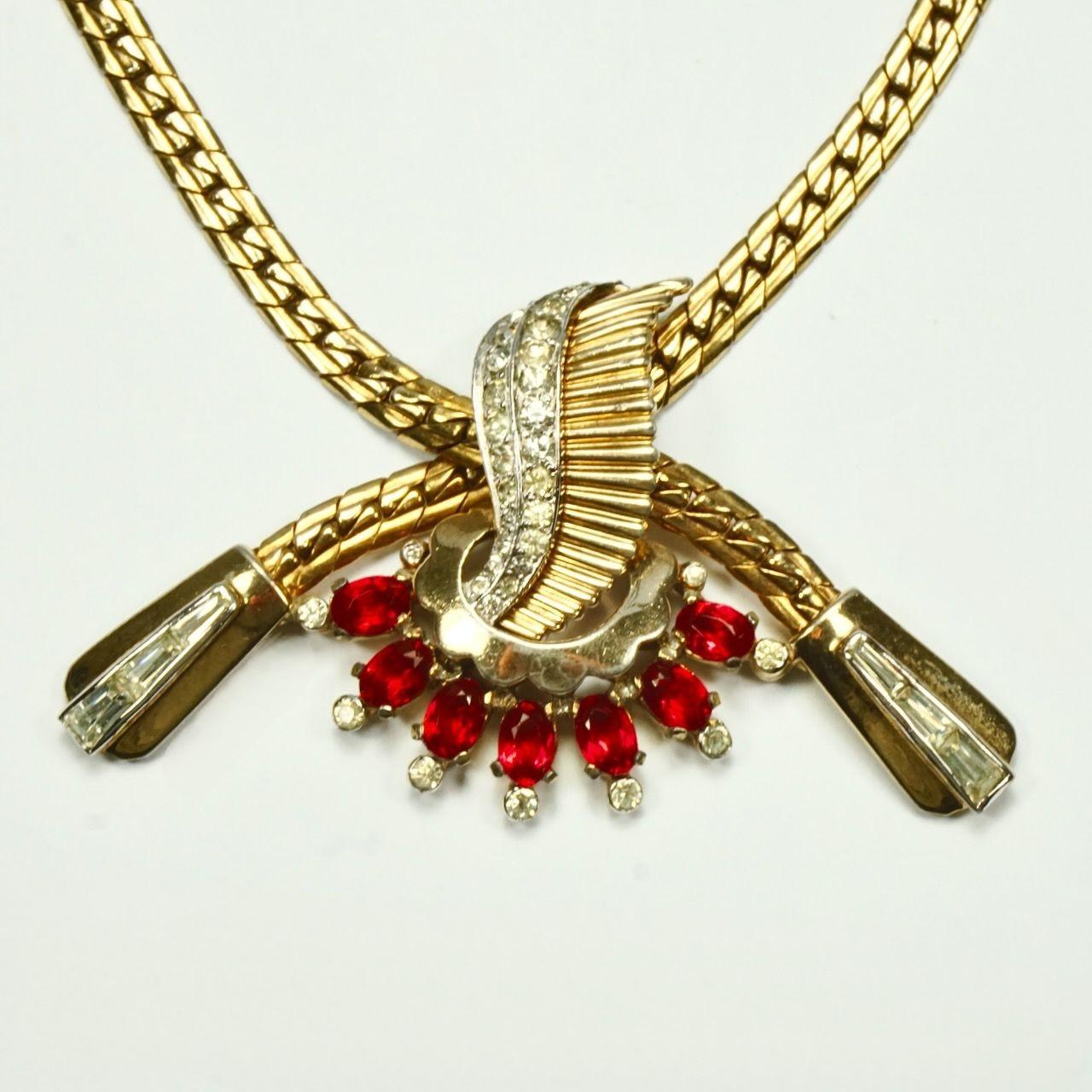 Mazer Gold Plated Red and Clear Rhinestone Pendant Necklace circa 1940s For Sale 1