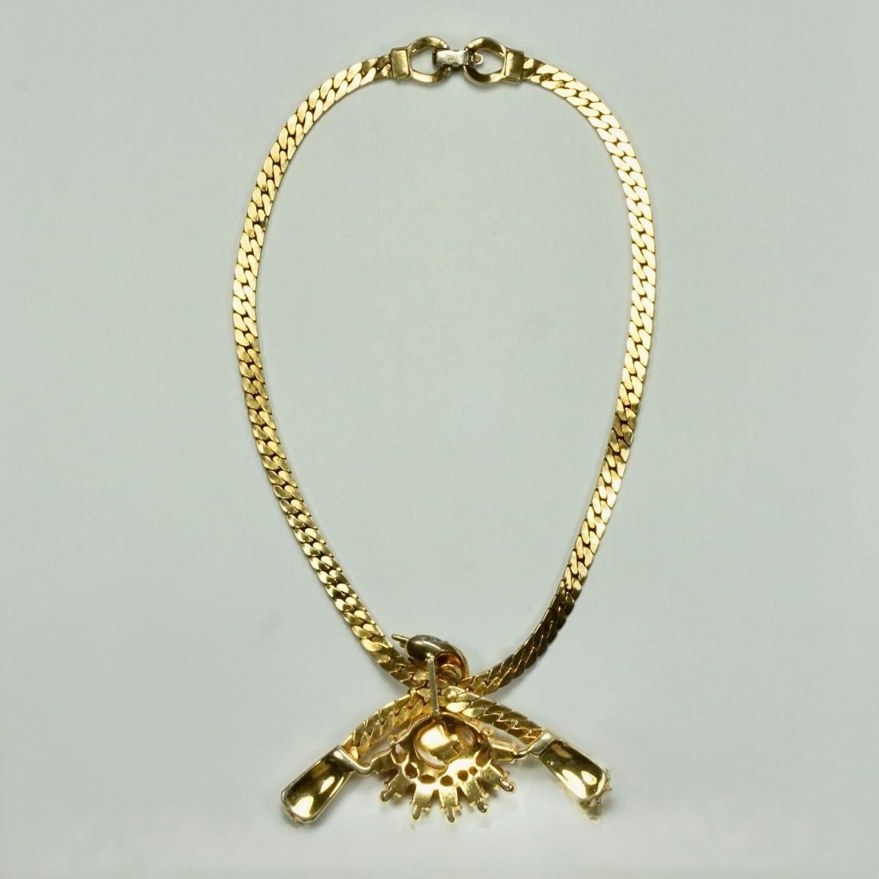Mazer Gold Plated Red and Clear Rhinestone Pendant Necklace circa 1940s For Sale 5
