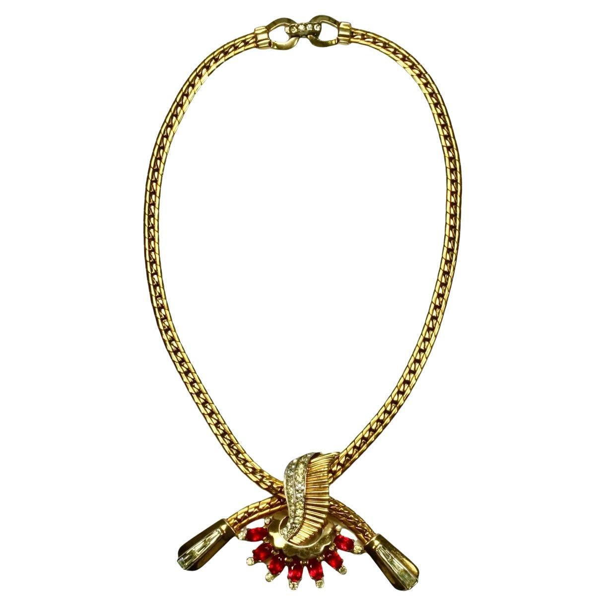 Mazer Gold Plated Red and Clear Rhinestone Pendant Necklace circa 1940s For Sale